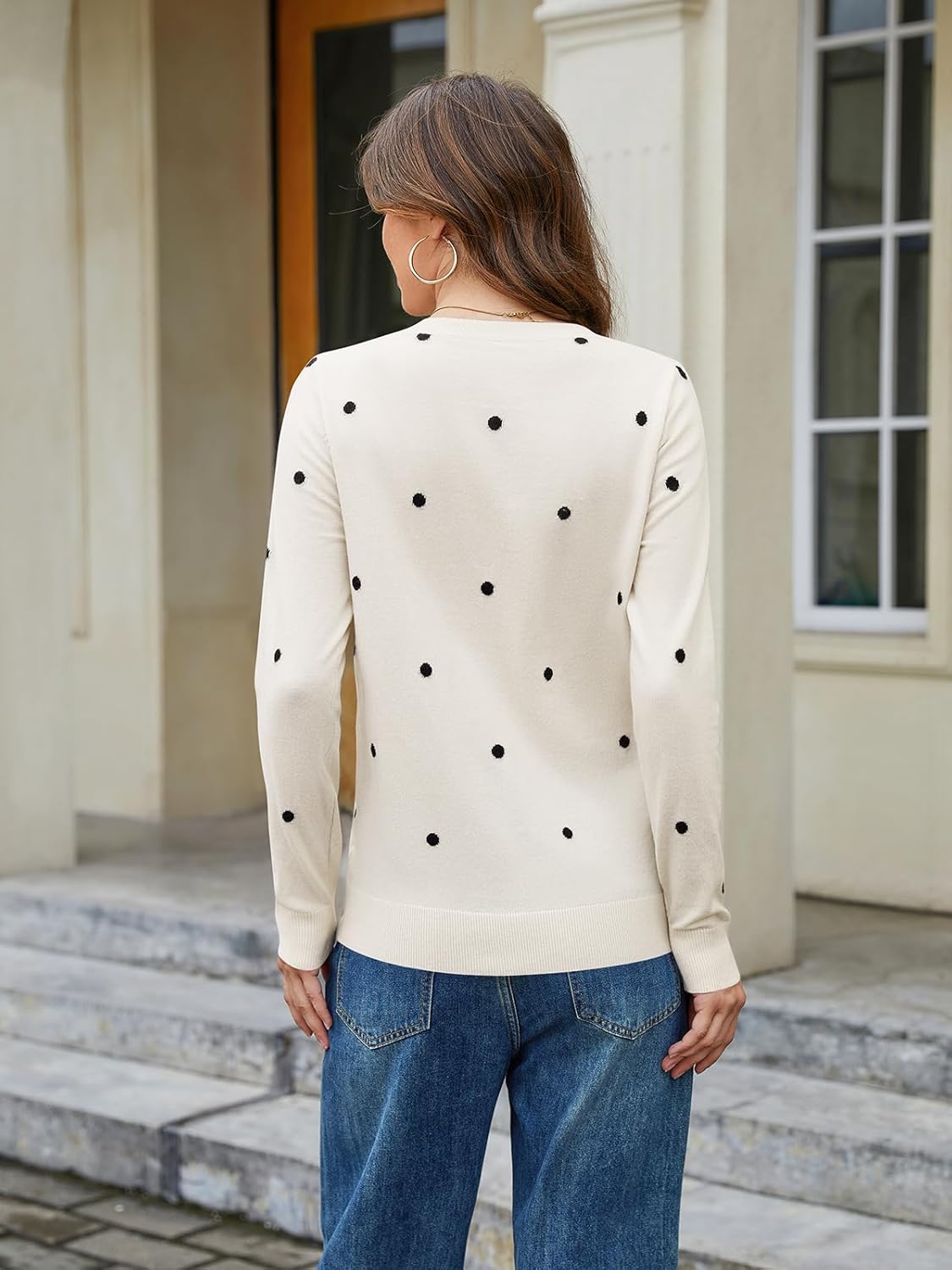 Sweaters for Women Polka Dot Top Fall V Neck Trendy Long Sleeve Casual Lightweight Cute Knit Pullover Sweaters - Image 3