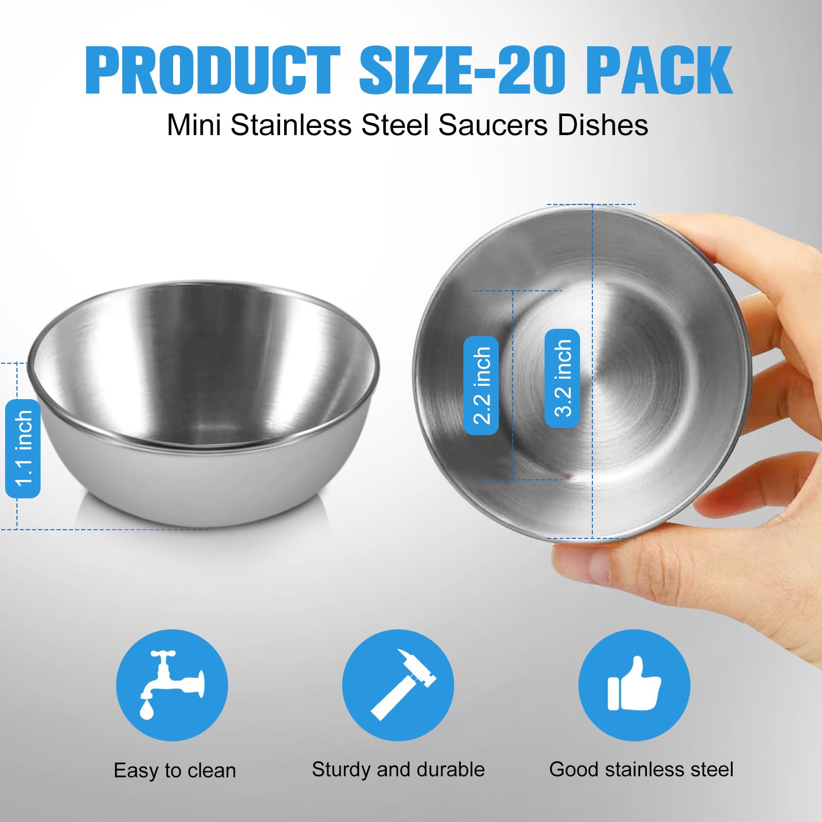 20 mini piattini in acciaio inox da 8,1 cm mini piattini individuali ciotola rotonda condimento piatti mini piatti antipasti salsa di soia sushi immersione ciotola piattini di miscelazione