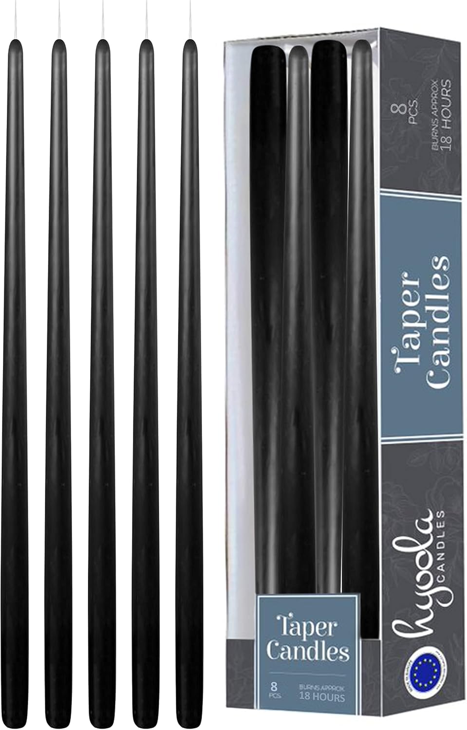 Hyoola Tall Taper Candles - 20 Inch Black Unscented Dripless Taper Candles - 18 Hour Burn Time - 8 Pack