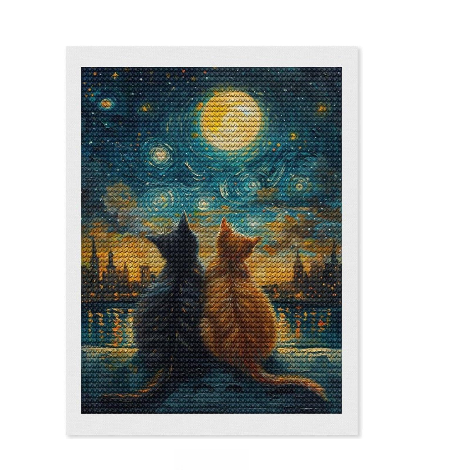 Junmoney Starry Night Cats in Love Diamond Painting Set 12"x16", Relaxing DIY Hobby, Simple to Start, Aesthetic Room Decor, Gift Idea, Easy to Enjoy
