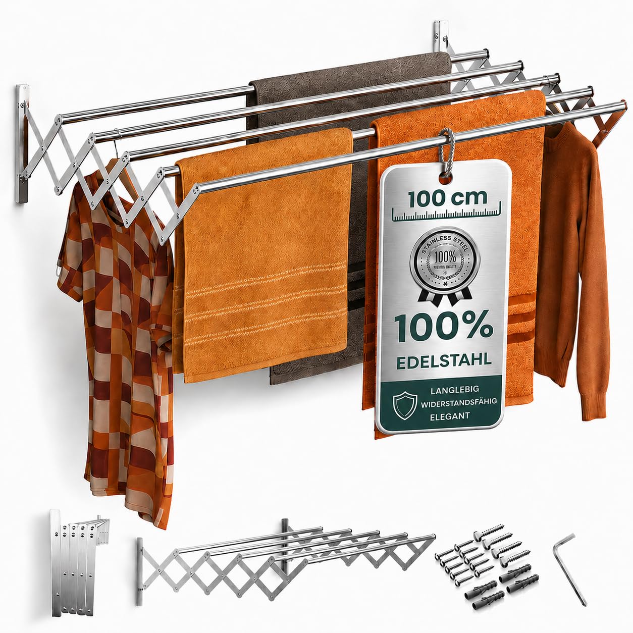 TEHORNEO Wäscheständer Wandmontage 100 cm, Wäschetrockner Wand aus Edelstahl, Wandtrockner Ausziehbar, Wäscheständer Wand, Wandwäschetrockner, Wandtrockner Ausziehbar 25 kg Tragfähigkeit