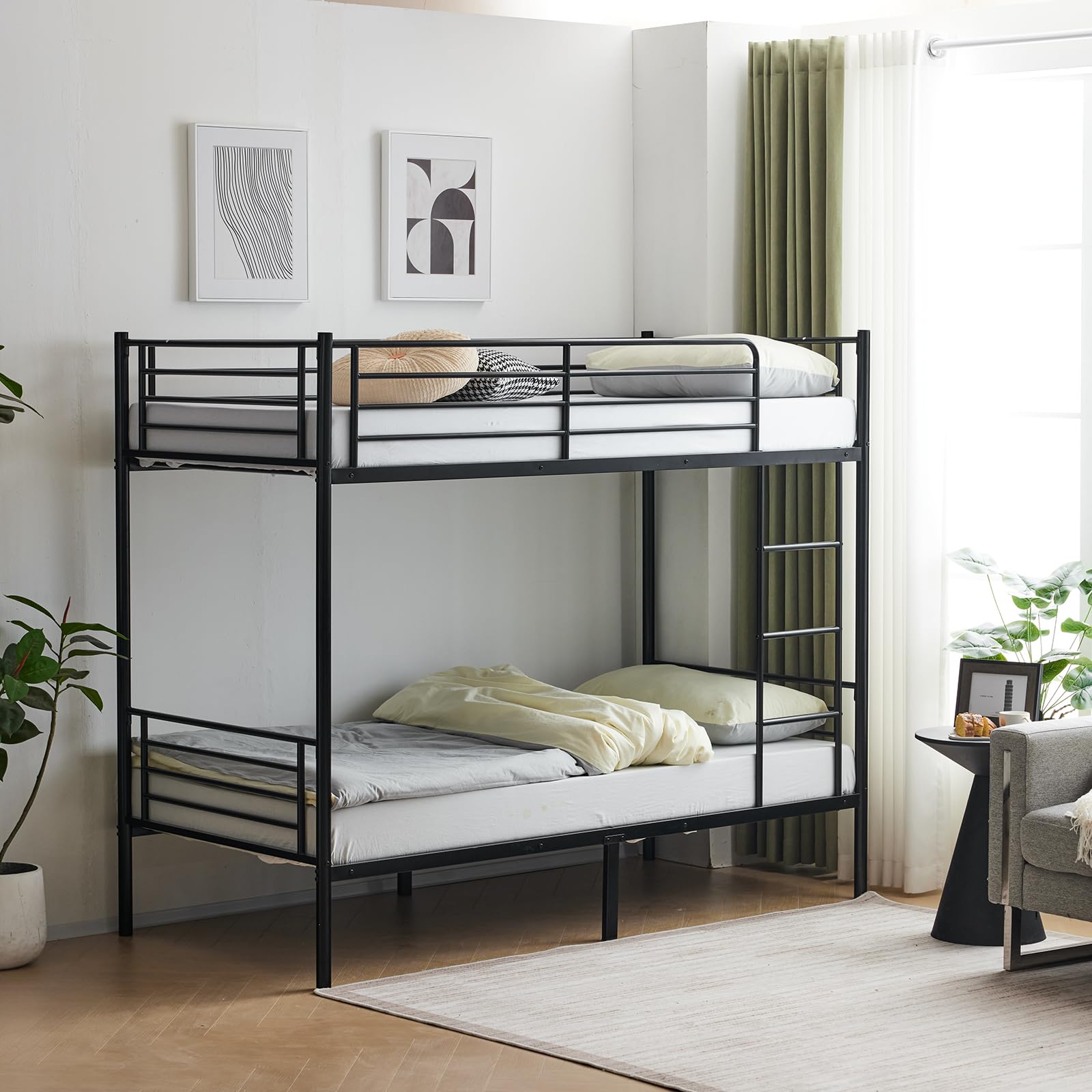 BOSTEU Twin Over Twin Bunk Bed for Adults Kids, Heavy Duty Bunk Bed Double High Sleeper Bed with Ladder ＆ Guard Rails (black)