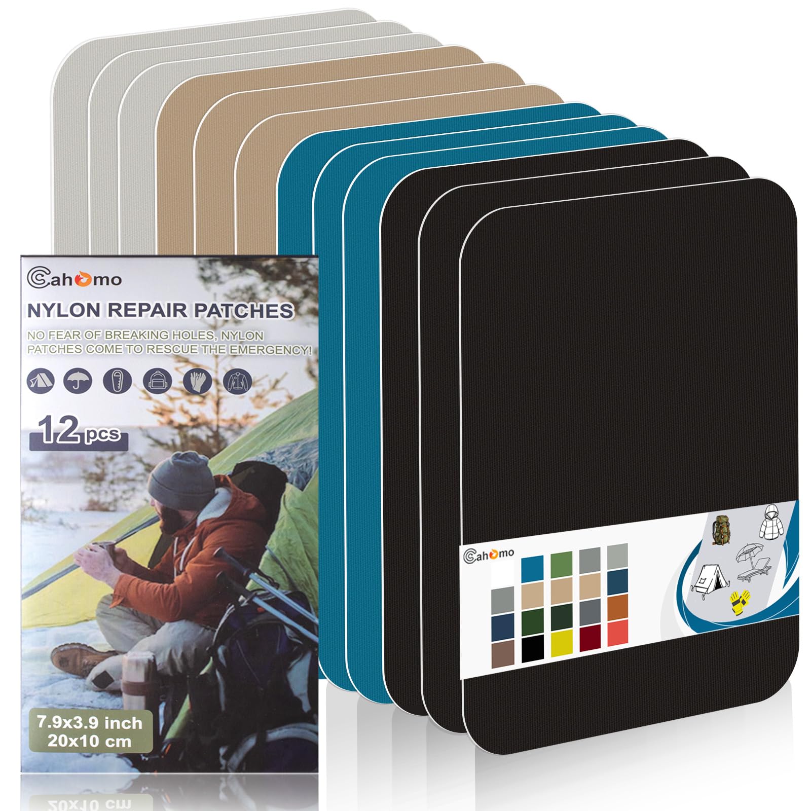 Cahomo Nylon Repair Patch 12 Count, 10cm x 20cm, Black, White, Khaki, Sky Blue, Repair Kit for Clothing, Outdoor Gear, DIY