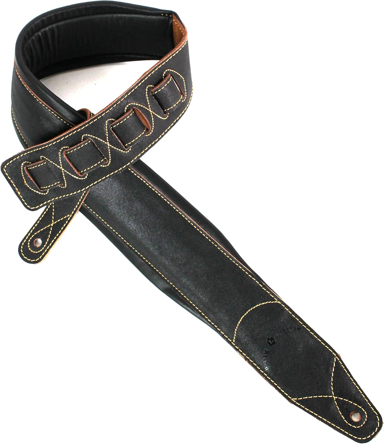 Walker And Williams C-22-DBLK Distressed Black Finish Extra Wide Double Padded Premium Thick Top Grain Leather Guitar Strap For Acoustic, Electric, And Bass Guitars