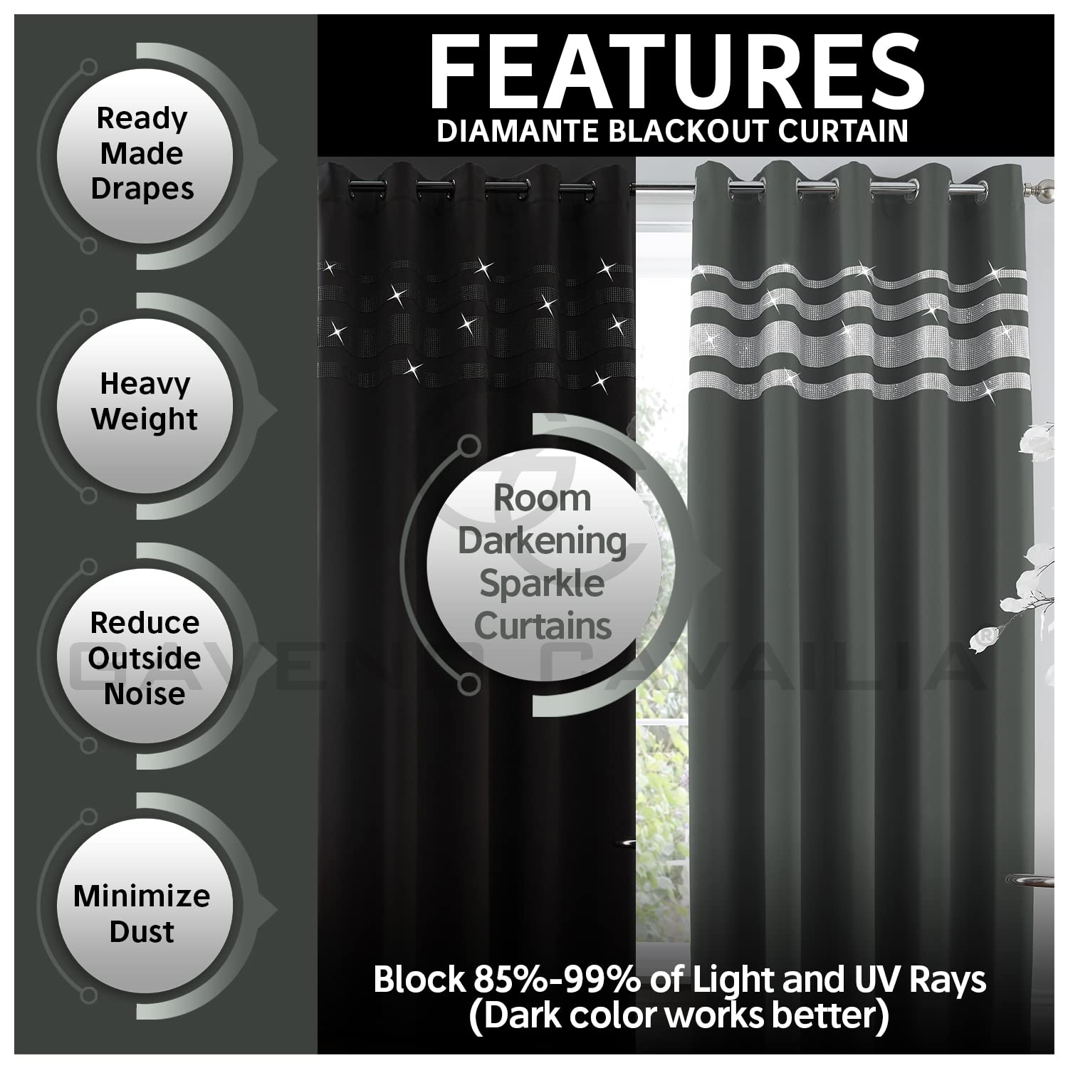 GC GAVENO CAVAILIA Kendal Diamante Blackout Curtain Pair, Eyelet Thermal Insulated Bedroom Curtains With Tie Backs, Charcoal - Image 2