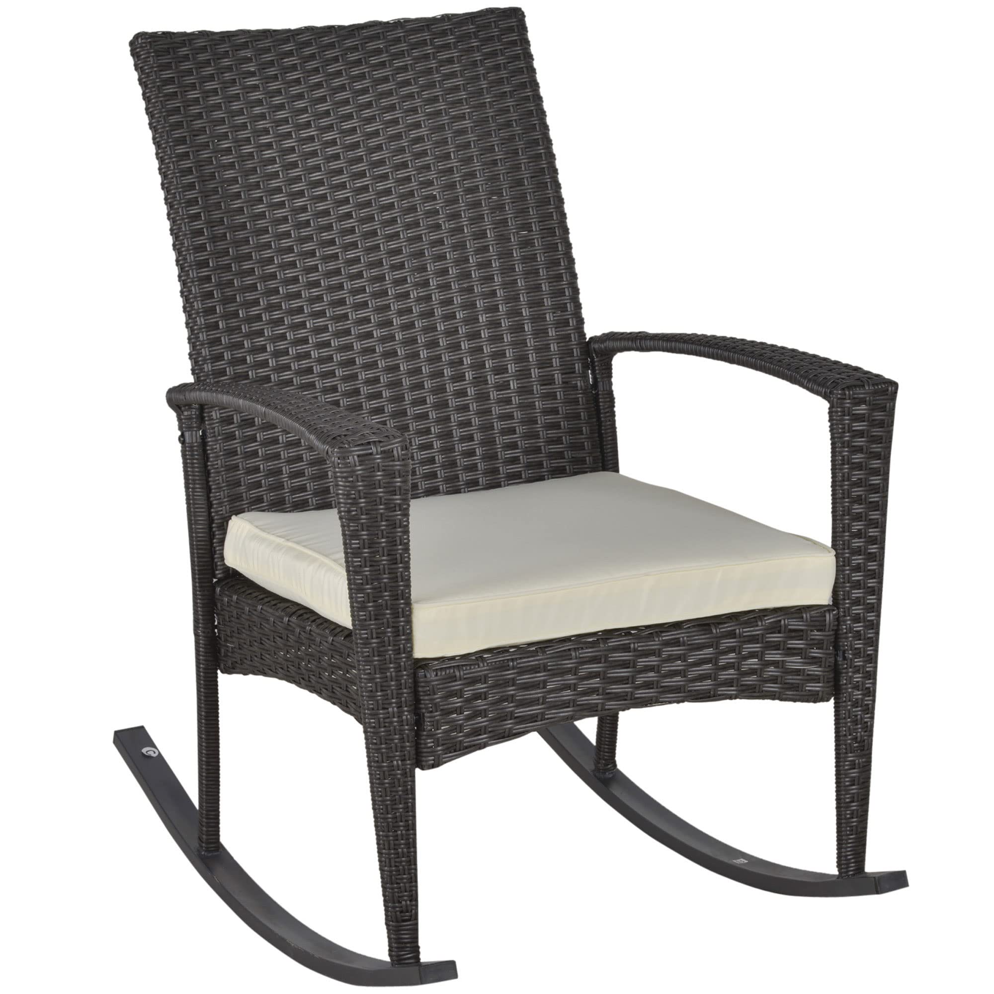 Outsunny Schaukelstuhl Schwingsessel Gartenstuhl mit Kissen – Polyrattan+Metall, Braun