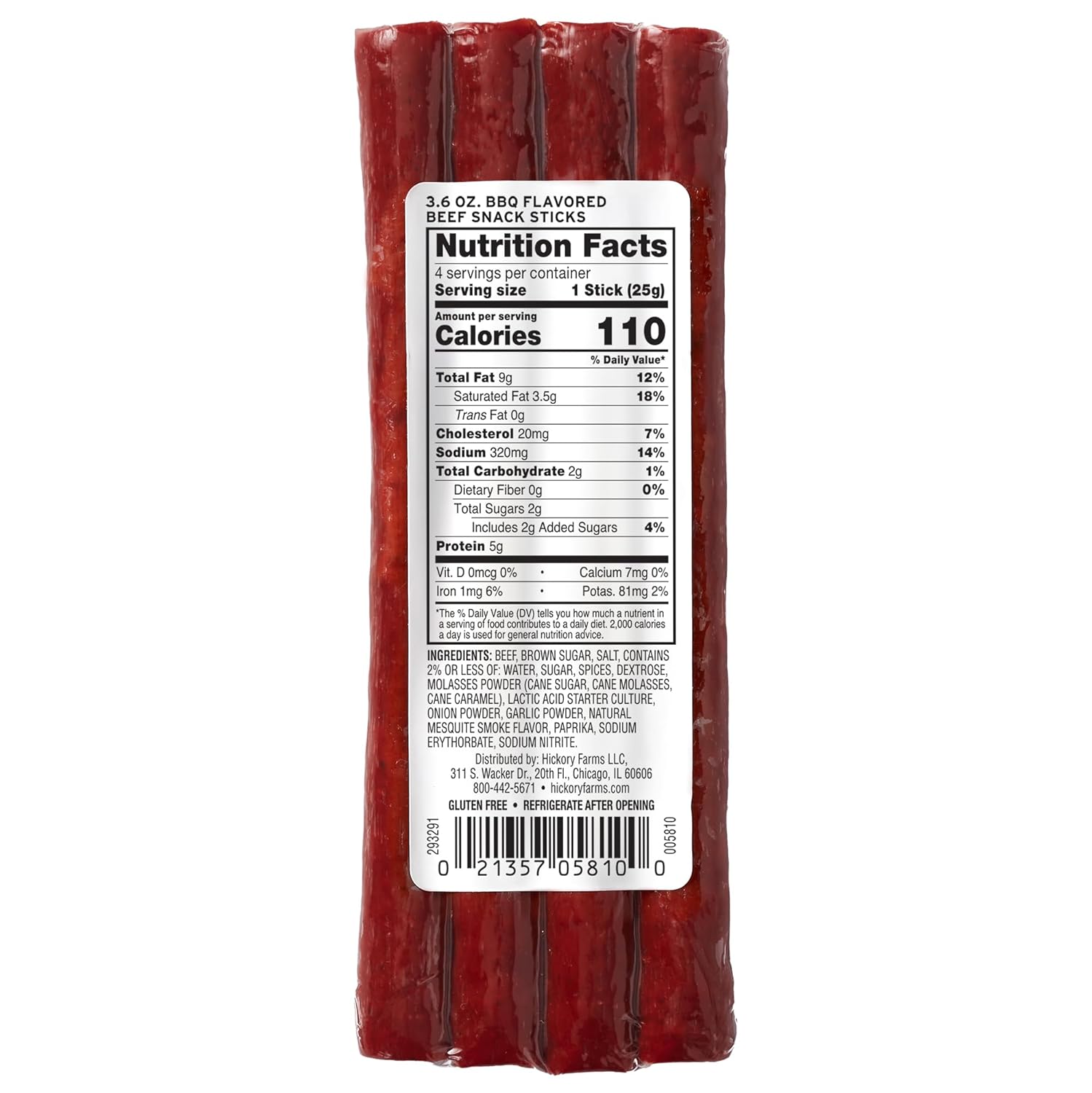 Hickory Farms Barbecue Beef Sausage Snack Sticks 12-Pack | High-protein snack, gluten free, meat sticks for snacking, made with premium beef