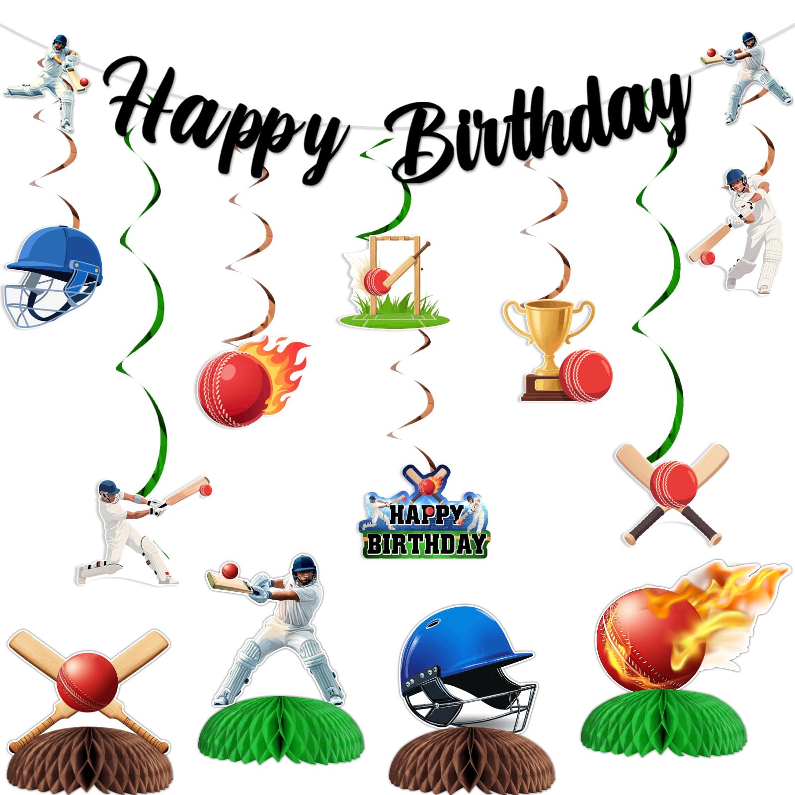Jollyboom Cricket Birthday Party Decorations, Sports Theme Ball Happy Birthday Decorations Banner Garland Hanging Swirls Table Honeycomb Centerpieces for Cricket Party
