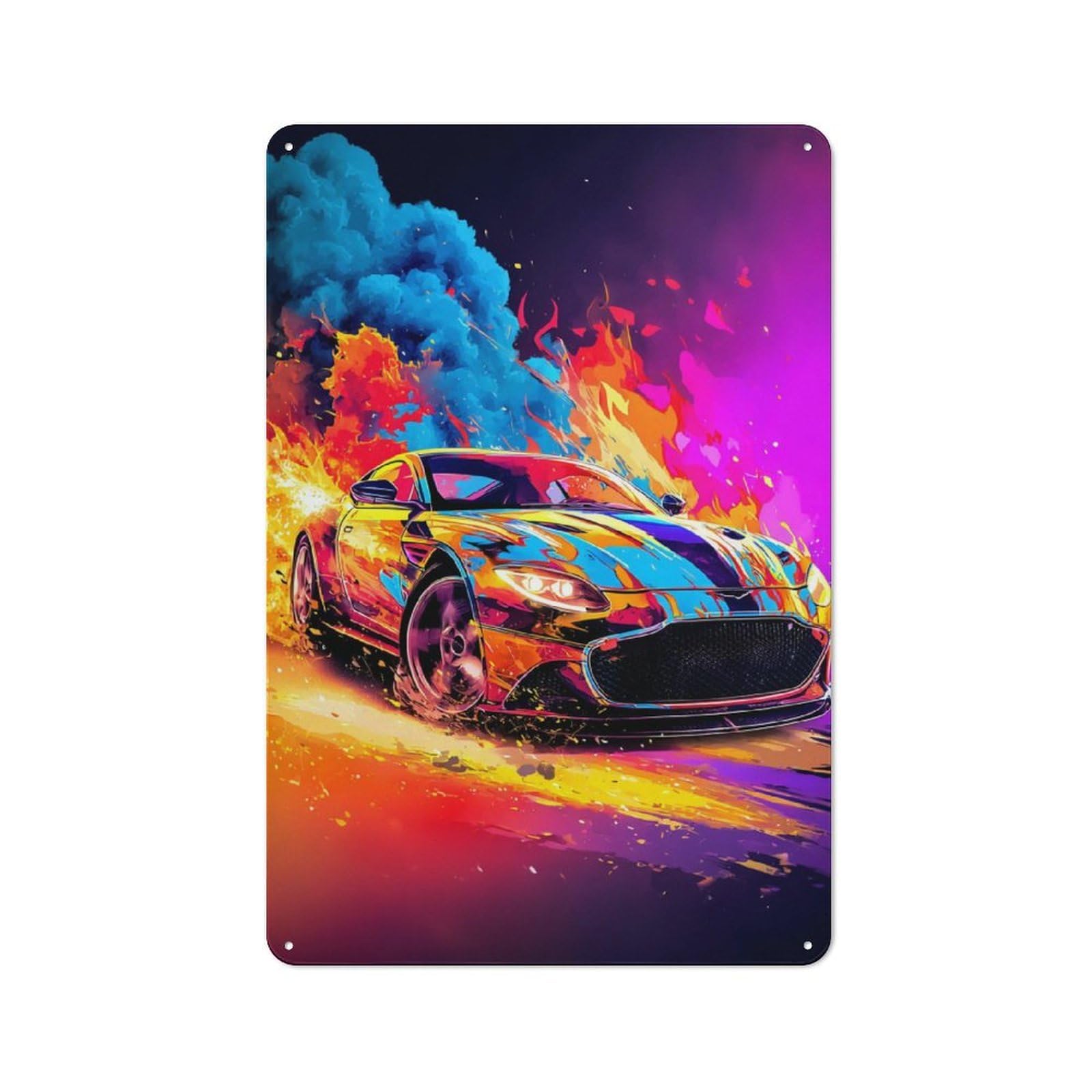 Junmoney Colorful Car In Flames Artwork -2 Loft Style Metal Wall Decor 30X20cm, Decorative Metal Plaque For Loft, Studio, Office Or Creative Room