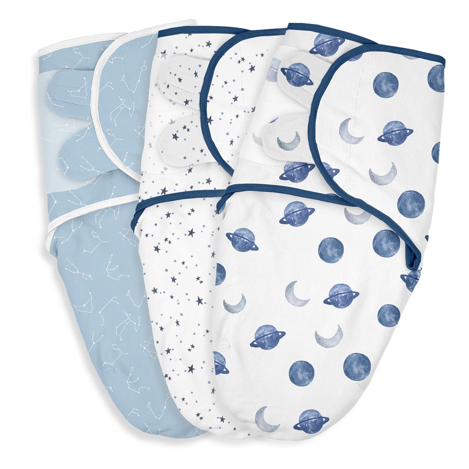 Soarwg Kids Baby Swaddle Blankets 0-3 Months | Oeko-TEX100 Certified | Adjustable Newborn Wrap Set (3-Pack) - Breathable Cotton for Baby Boy & Girl, Blue
