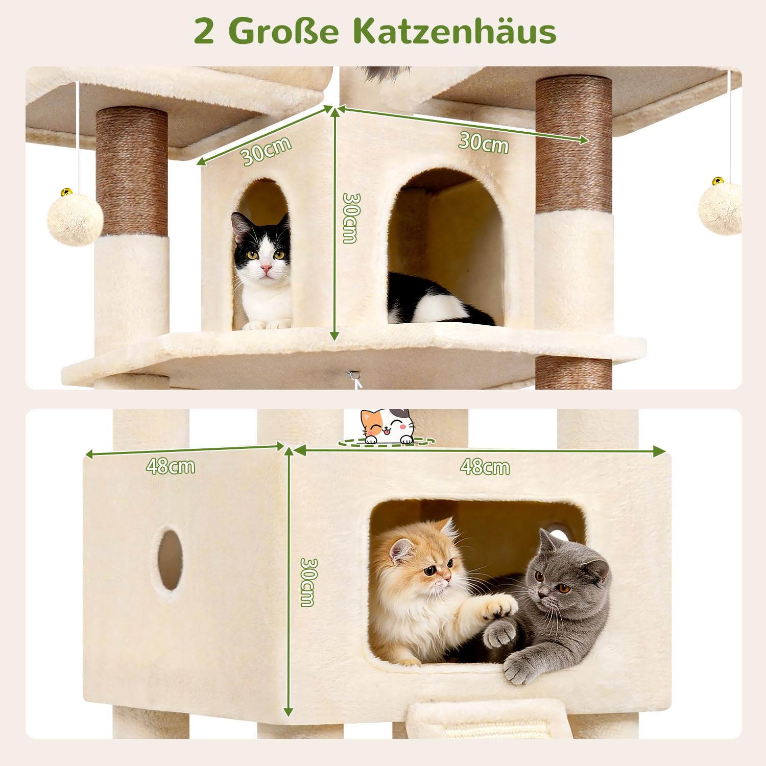 Globlazer Kratzbaum XXL Beige für Große Katzen 192 cm Stabil Katzenbaum F75 | Extragroß Katzenhäuse, 3 Gepolsterte Sitzstangen, Sisal Kratzbrett, für Kätzchen Schwere Katze, Einfach Montieren, Innen