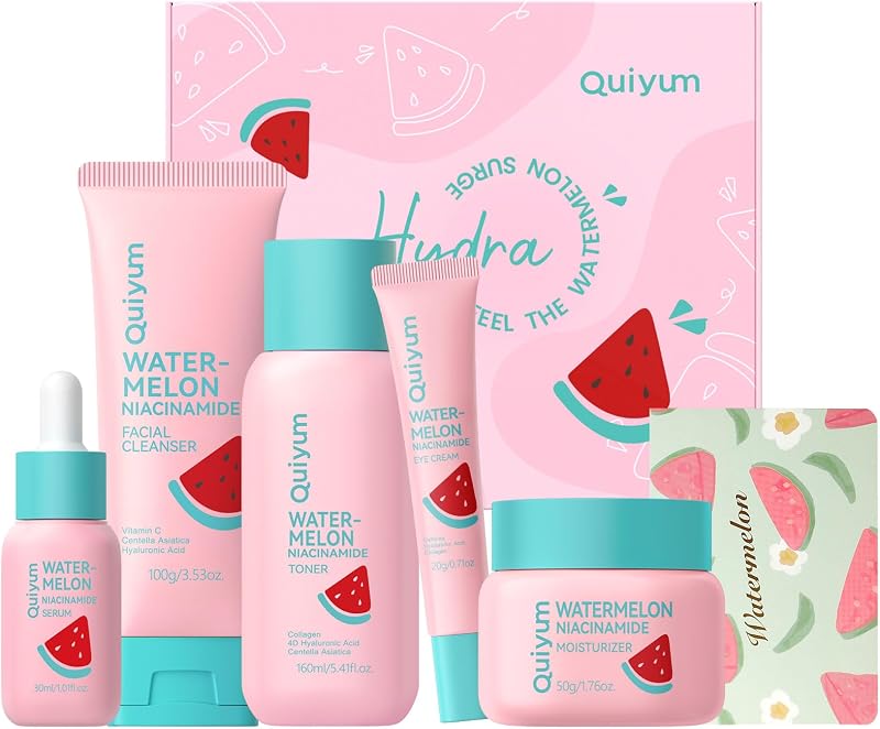 Watermelon & Niacinamide Skincare Set for Women Teens Girls, 5PCS | Gift Set with Cleanser, Toner, Eye Cream, Moisturizer, Serum, Glow Up Facial Routine for Beginner, for All Skin Types