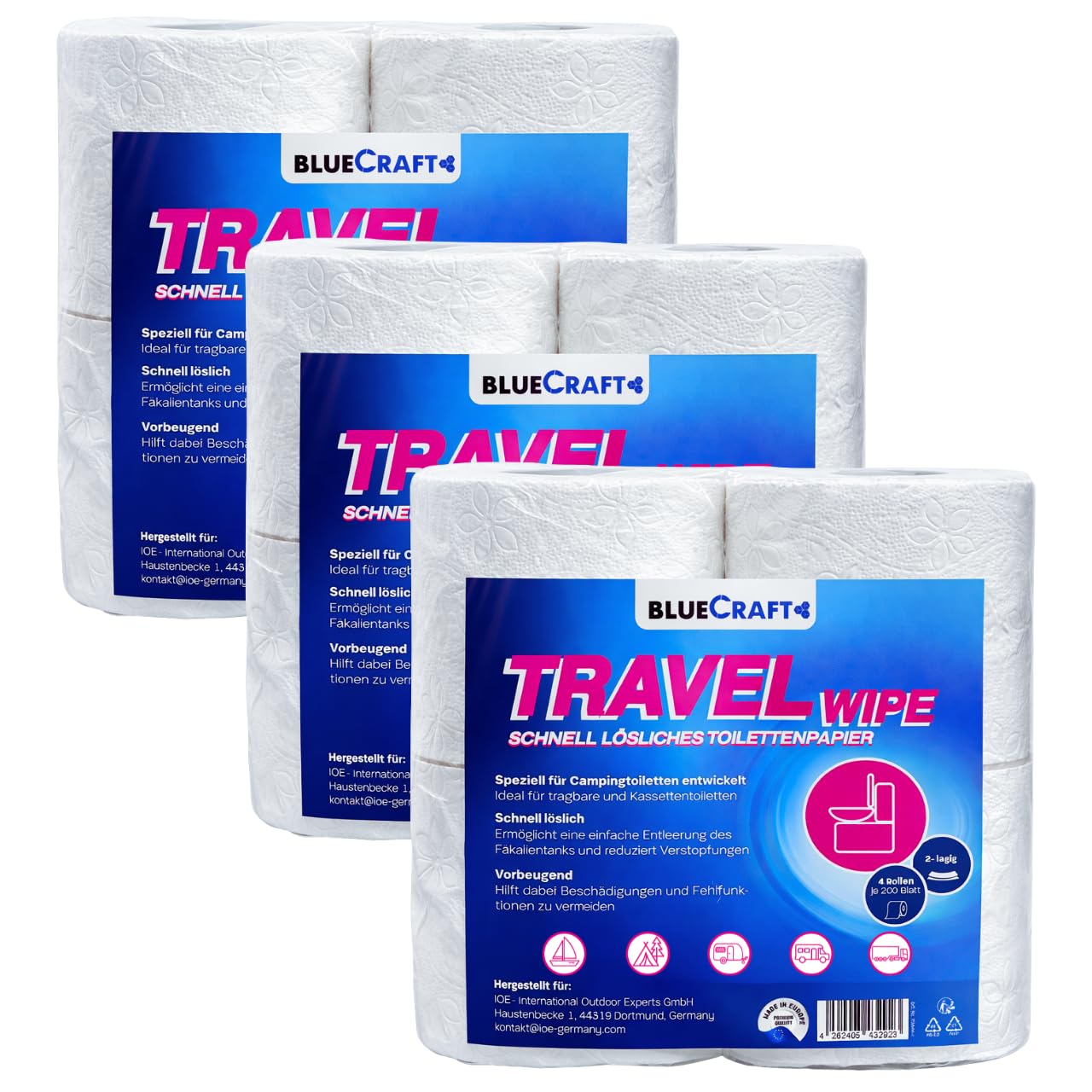 Bluecraft Lot de 12 rouleaux de papier toilette auto-dissolvant, pour camping, camping-car, caravane, bateau - 2 couches - Pour toilettes de camping, toilettes chimiques - Sans obstruction et à