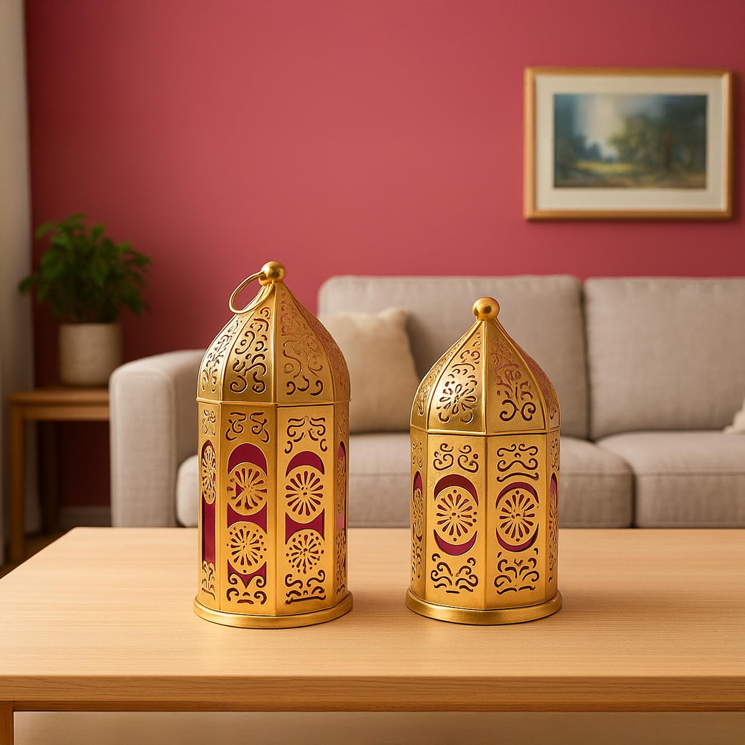 Market99 Set of 2 Moroccan Domed Lanterns (Golden & Red)|Glossy Domed Metal & Glass Lanterns Perfect for Home, Balconies, Diwali Decoration, or Garden & Festive Lighting setups.-image-21