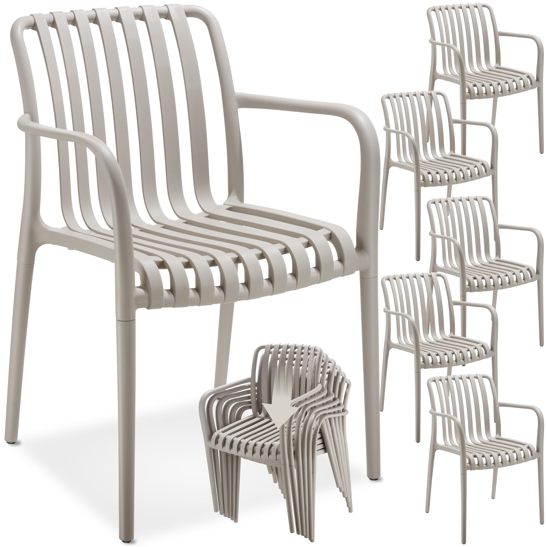 tectake® Set of 6 Garden Chairs with Armrests, Lightweight Garden Chair Set in Weather-Resistant Plastic, 120 kg Load, Slatted, Stackable Outdoor Armchair Set for Backyard, Patio, Balcony - Taupe