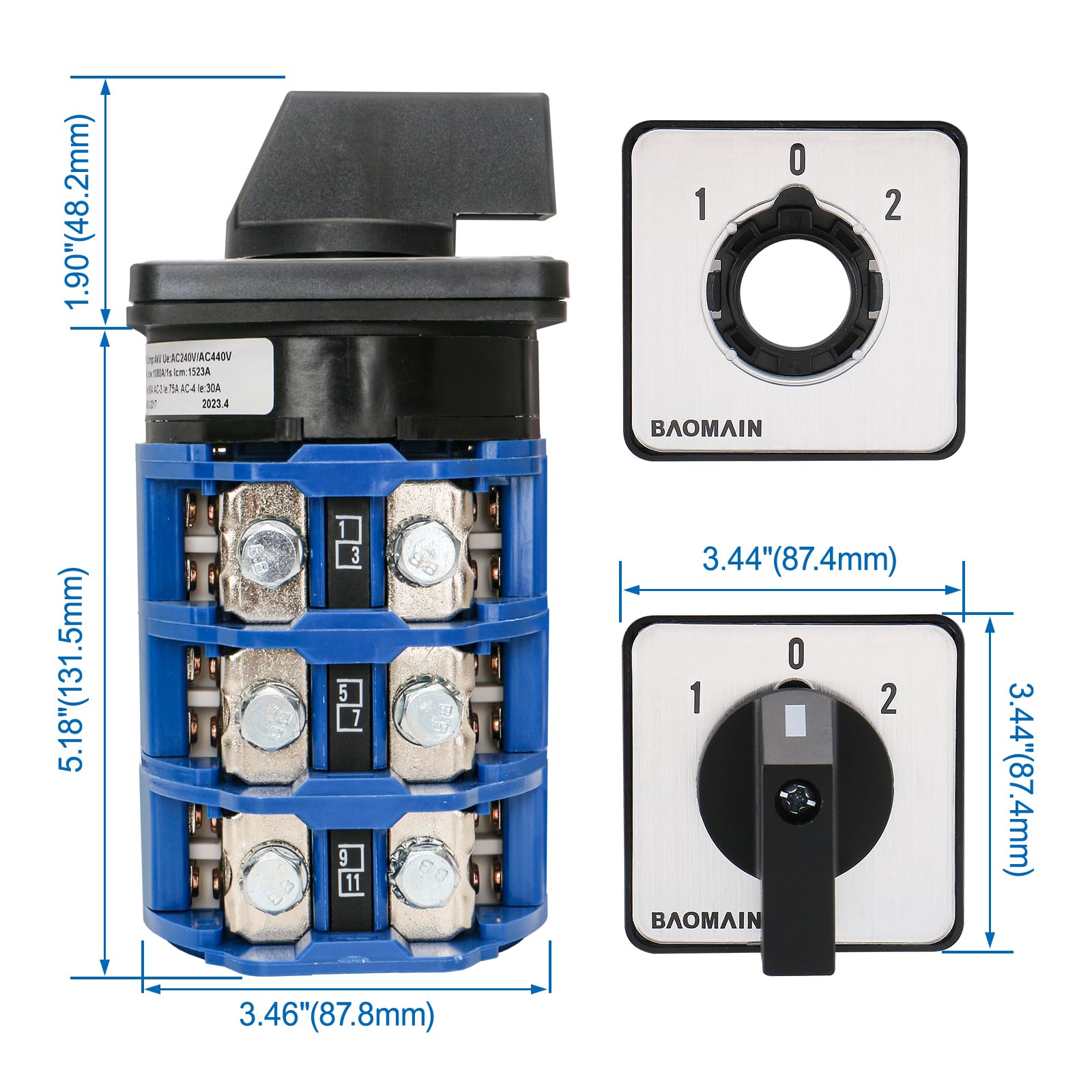 Baomain 160A Rotary Cam Changeover Switch, 660V 3 Position 3 Phase