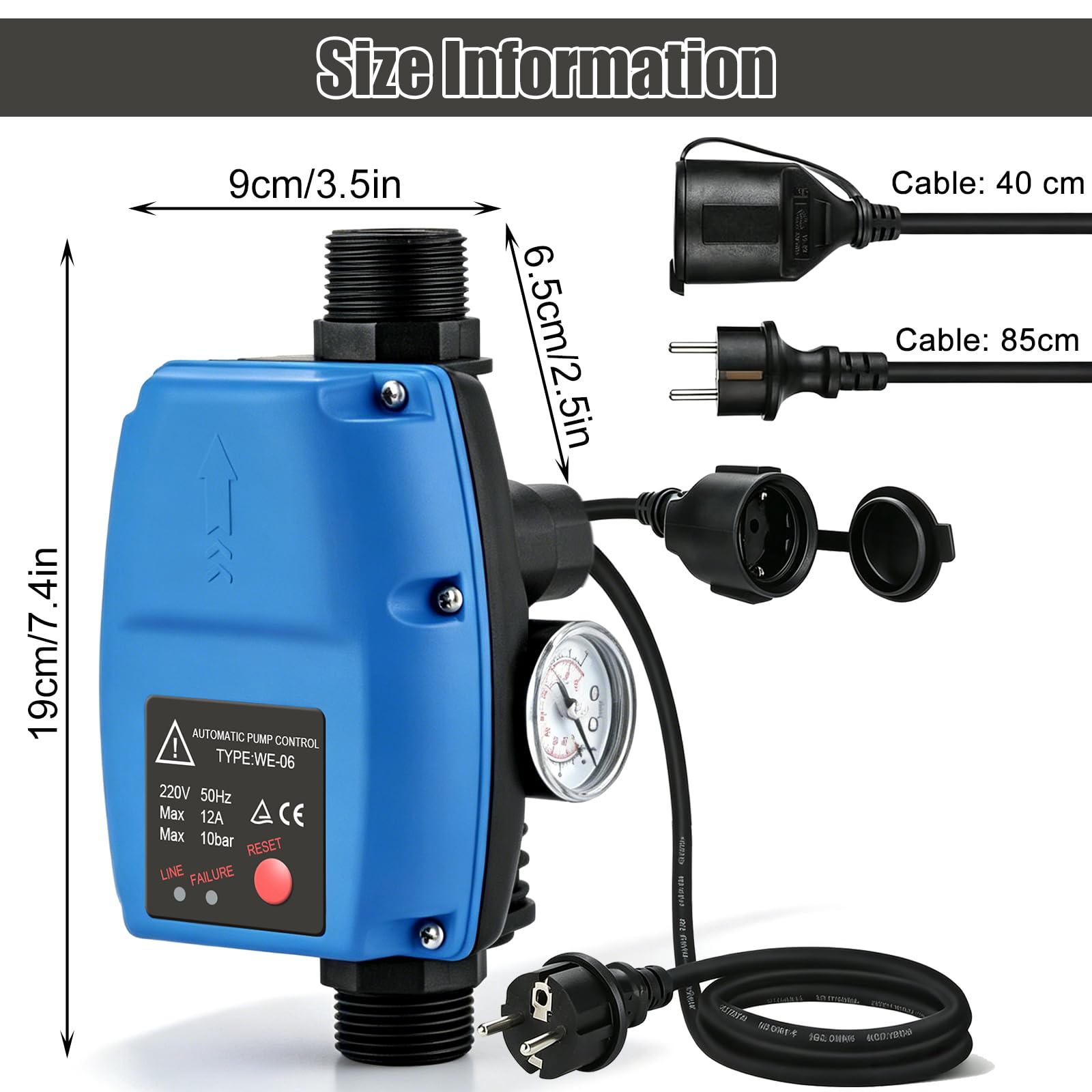 Régulateur De Pression Électronique Réglable 10 Bar, Pressostat Pompe Eau Avec Câble, Contrôleur De Pression Pour Pompe, Interrupteur Automatique Pour Pompe À Pression Pour Maison Cour Jardin