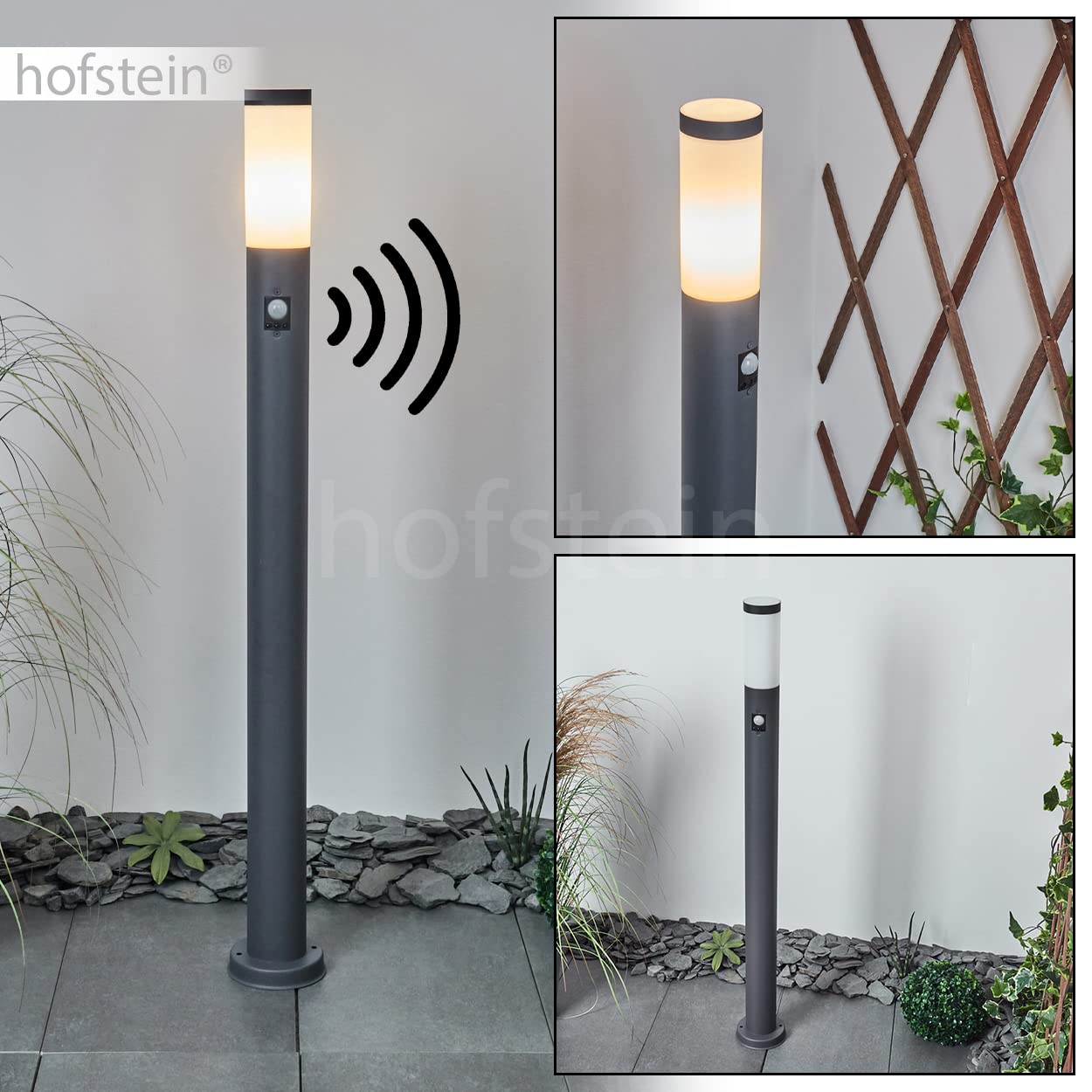 Lampa zewnętrzna Sessa z czujnikiem ruchu, lampa na podstawie z metalu/tworzywa sztucznego w kolorze antracytowym/białym, oświetlenie ścieżki 110cm, lampa ogrodowa, E27, IP44, bez żarówek
