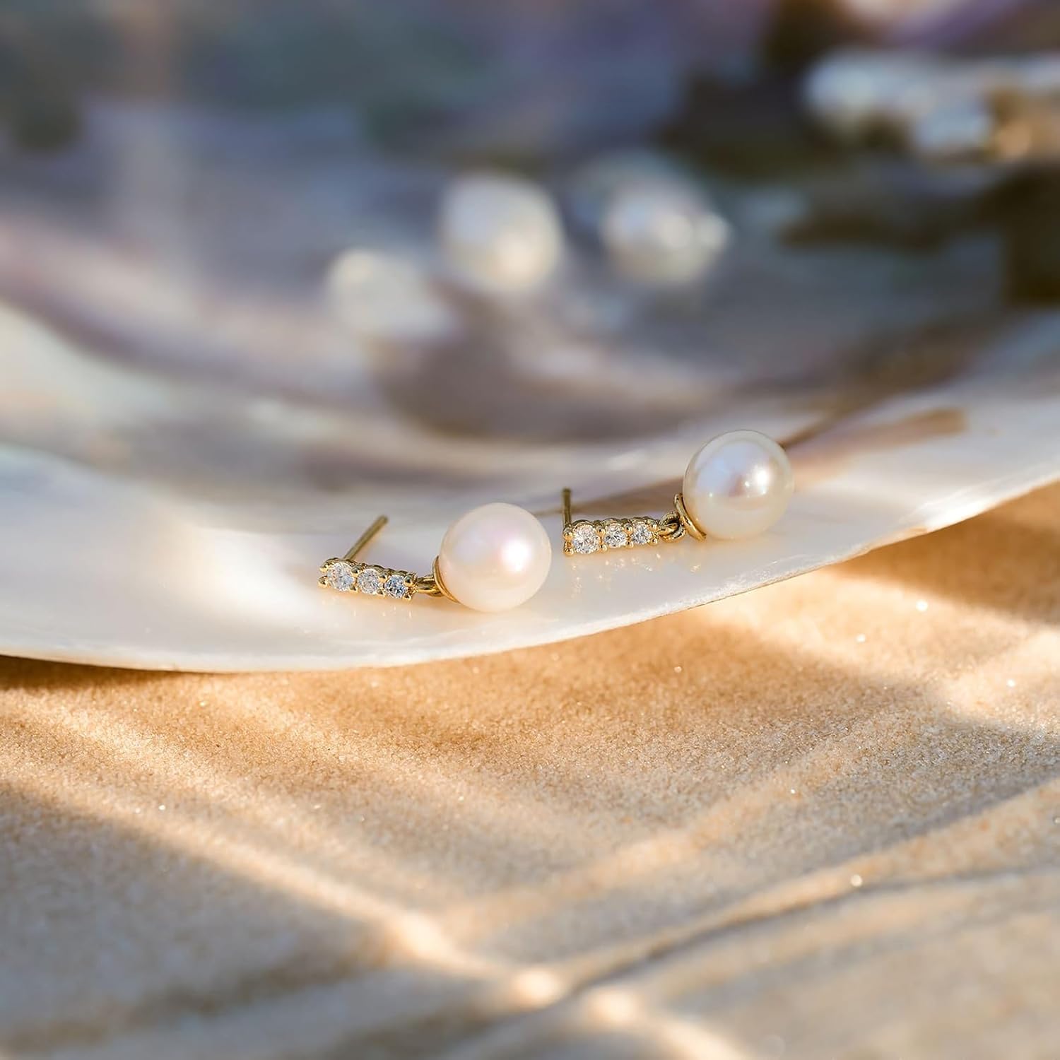 Fezgoat Pearl Earrings for Women-Dainty 14k Real Gold Plated Pearl Sterling Silver Post Trendy Diamond Stud Drop Earrings Bridal Wedding Jewelry - Image 6