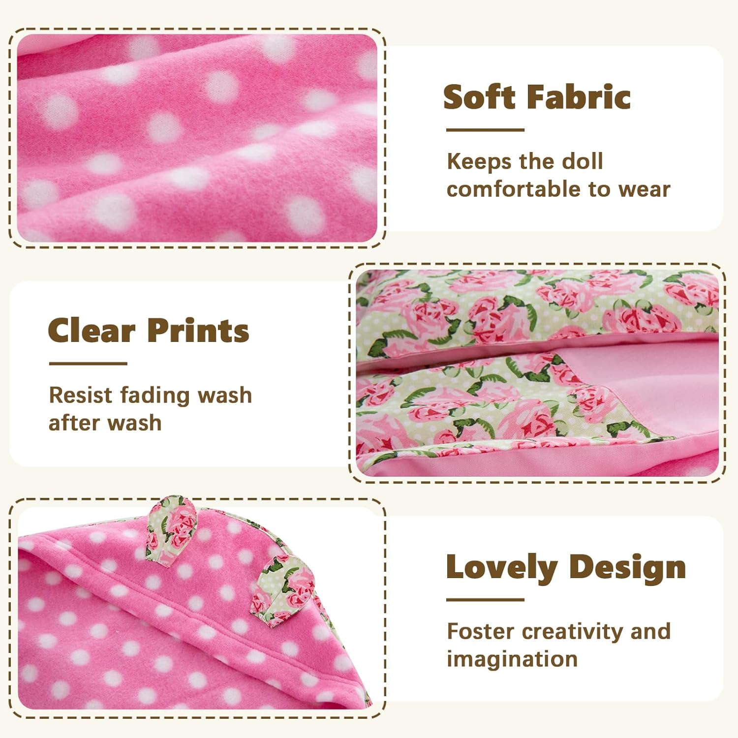 Rakki Dolli 18 Inch Baby Doll Bedding Accessories, 3 Pcs Baby Doll Bedding Set with Blanket/Swaddle, Comforter and Pillow, Pink Rose Print