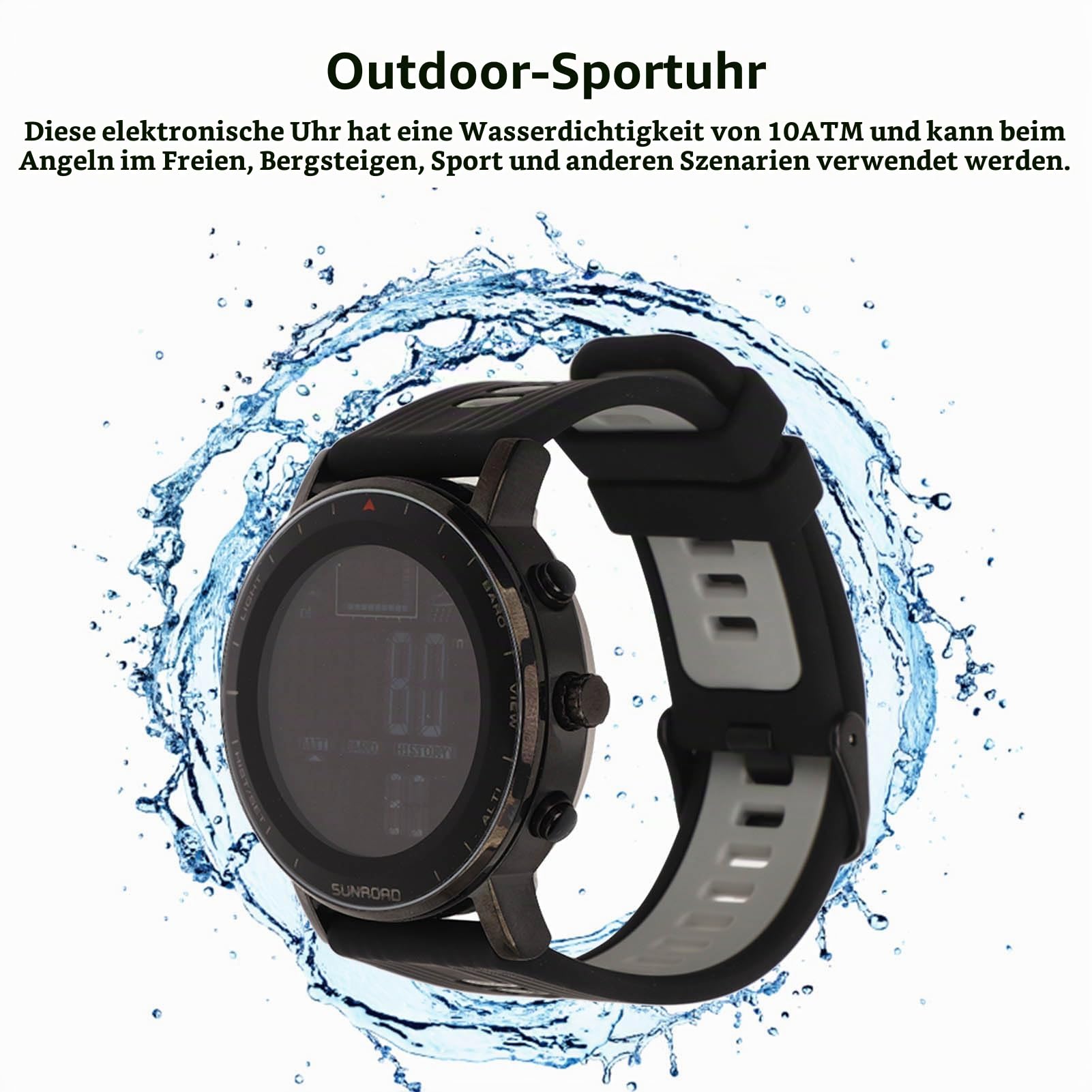 Qcwwy Outdoor-Sportuhr, Höhenmesser, EL-Hintergrundbeleuchtung, Temperaturmesser, 10 ATM, wasserdichte Digitale Armbanduhr, Knopfbatterie Zum Angeln, Wandern (Schwarzgrau)