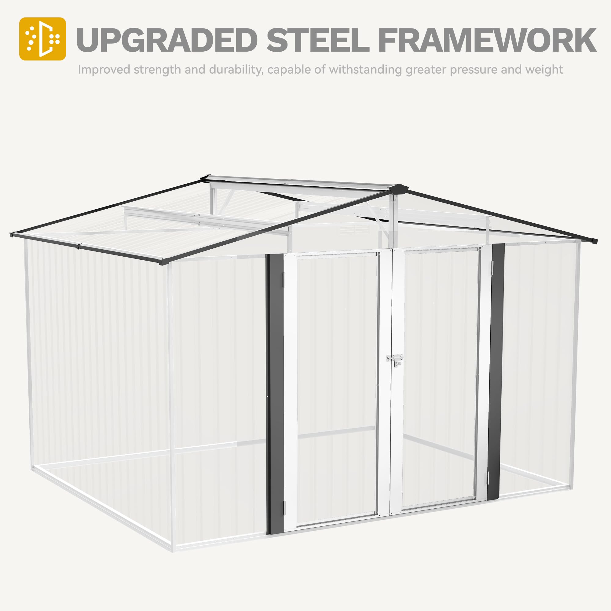 DWVO Metall Gerätehaus 10x8 Fuß 292x225x194 cm wasserdichter Gartenschuppen abschließbare Tür Belüftung Dunkelgrau