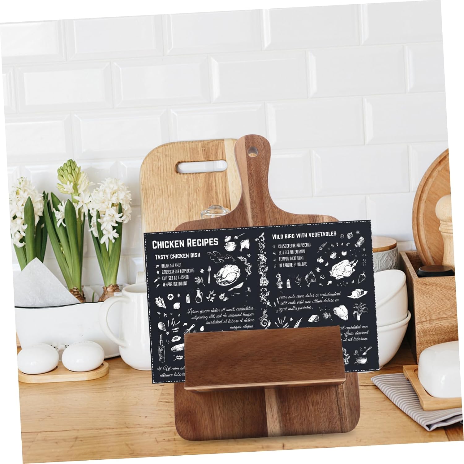 SHOWERORO Wooden Cookbook Stand for Kitchen Wall-Mounted Recipe Holder Rustic Menu Display Rack Sturdy Wooden Cooking Book Holder for Home Restaurant Use