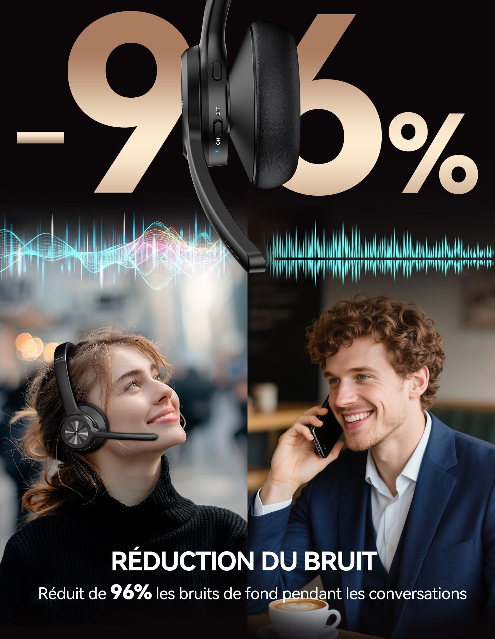 TECKNET Casque Bluetooth sans Fil avec Micro, Casque Audio sans Fil Technologie Bluetooth 5.2, Casque Micro, Casque Micro Bluetooth Wireless pour Ordinateur Portable, Skype, Centre d'appels, Bureau