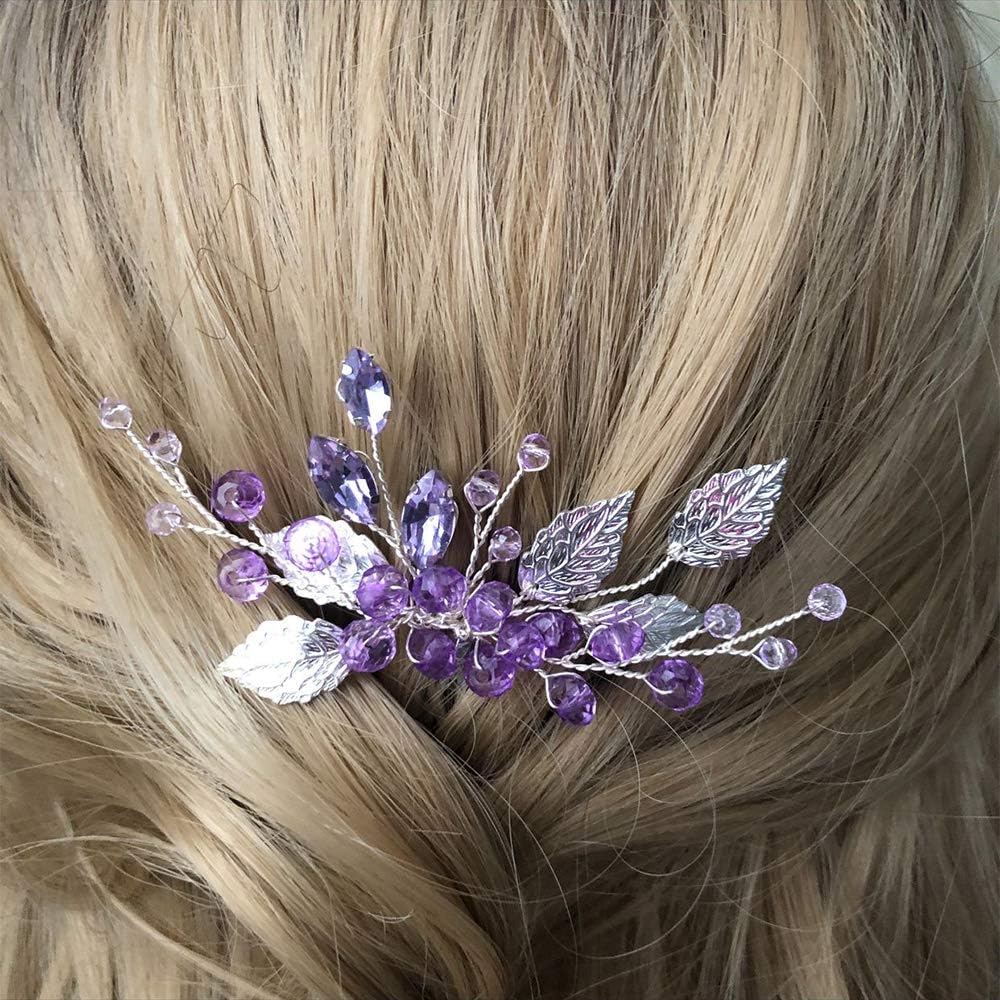 YERTTER Wedding Crystal Leaf Bridal Hair Comb Clip Pearl Wedding Hair Accessories for Bride Bridesmaid Flower Girls (Purple and Silver)