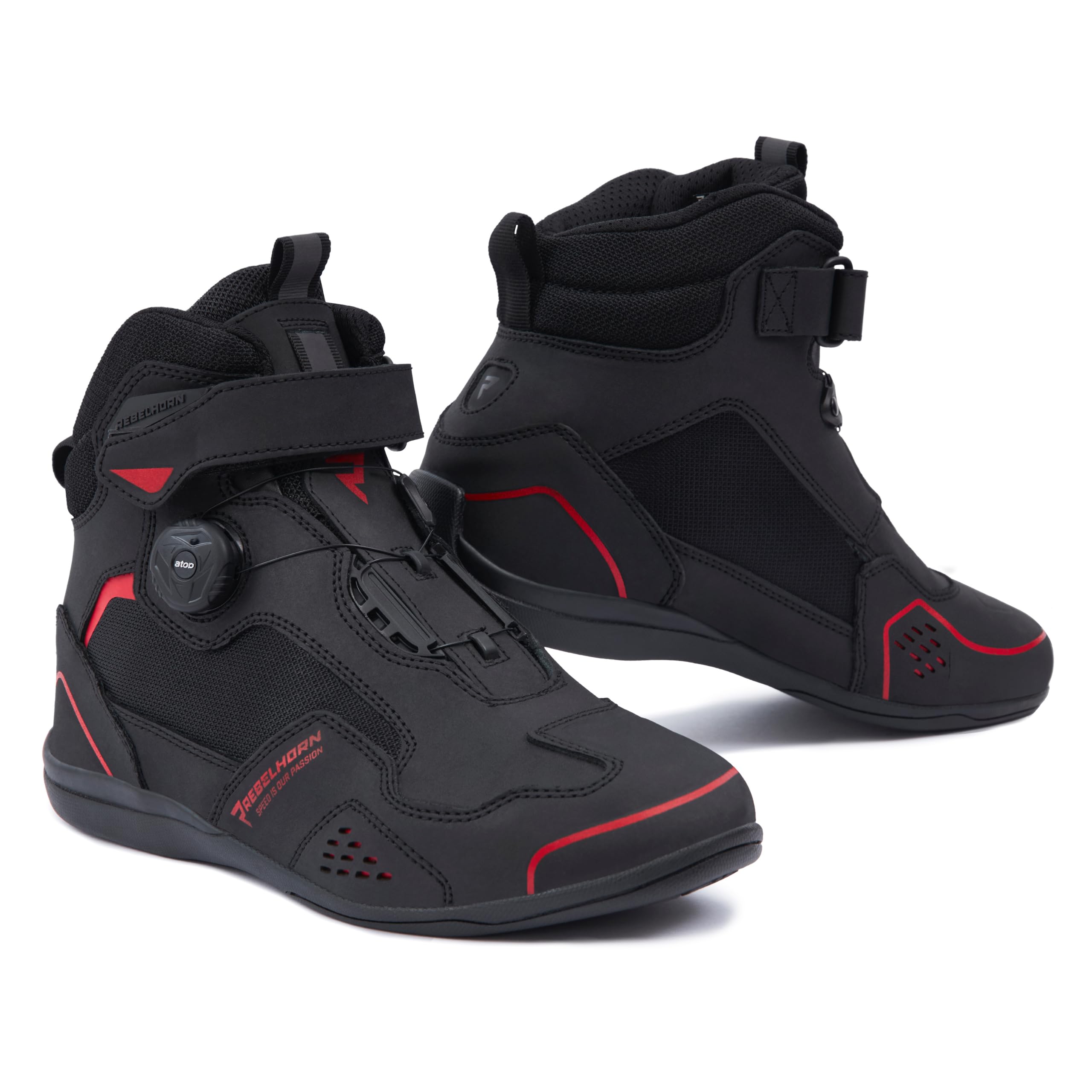 REBELHORN Spark II Motorcycle Boots for Men and Women, PU Leather, ATOP Quick Lacing System, Ankle Protectors, Reinforced Toes, Mesh Ventilation Panels, Sizes up to 48, black red, 8 UK