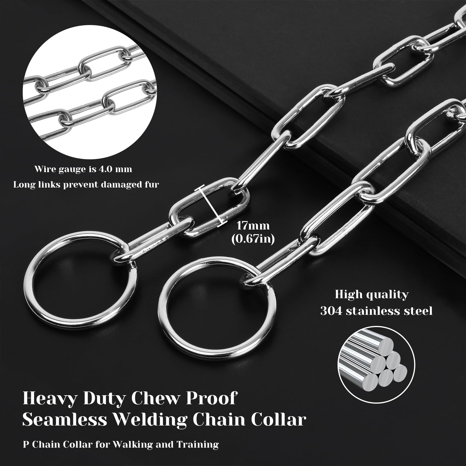 Woofuu Silver Ellipses Link Chain Dog Collar - Heavy Duty Seamless Welding Strong Stainless Steel Chain Fur Saver Dog Training Collar | No-Pull Slip Chain for Medium Large Dogs for Easy Control