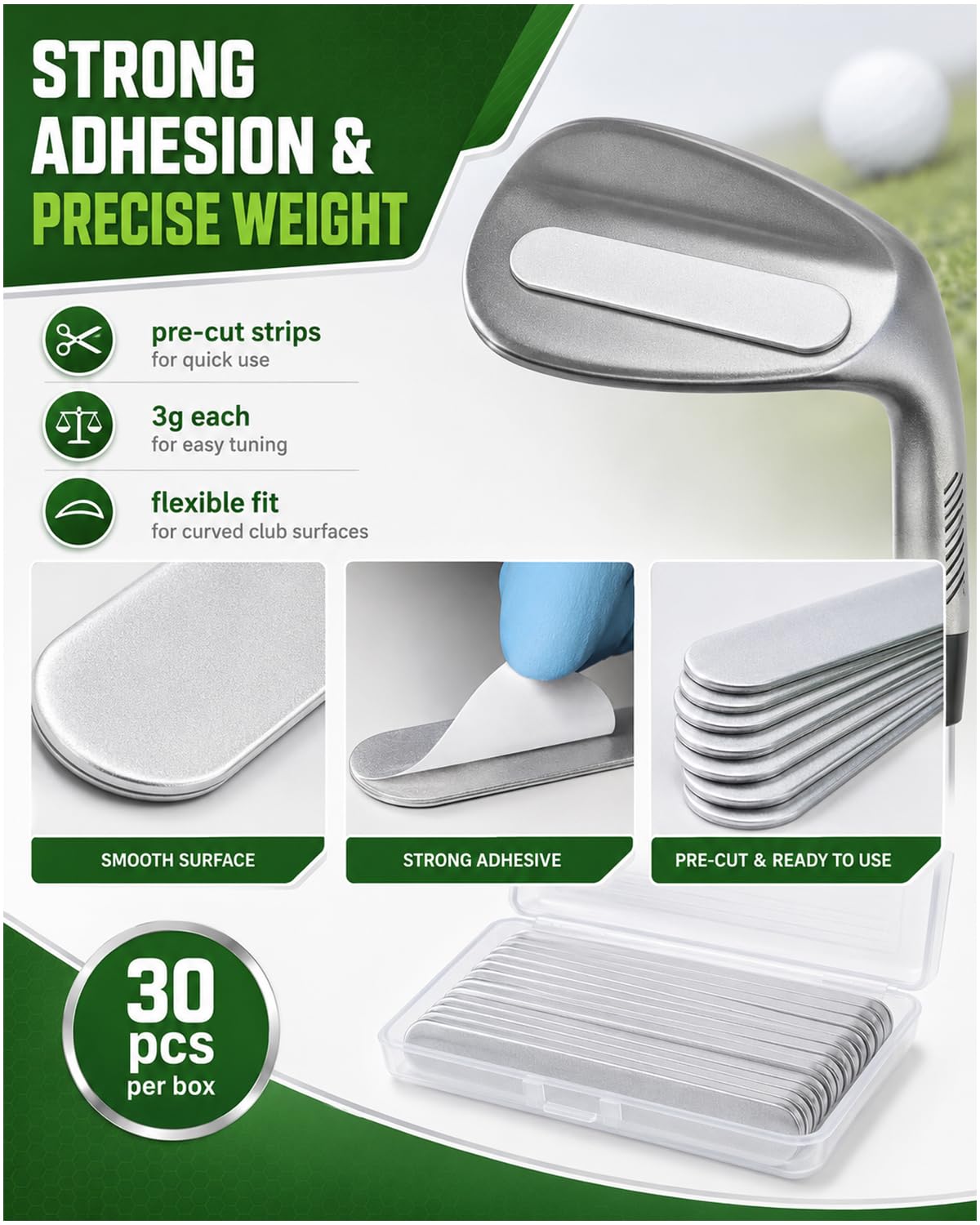 Nastro di Piombo da Golf, 30 Pezzi Strisce Argentee Autoadesive, Adesivo Standard per Peso Equilibrato, Accessori Golf Ottimali per Putter e Tennis