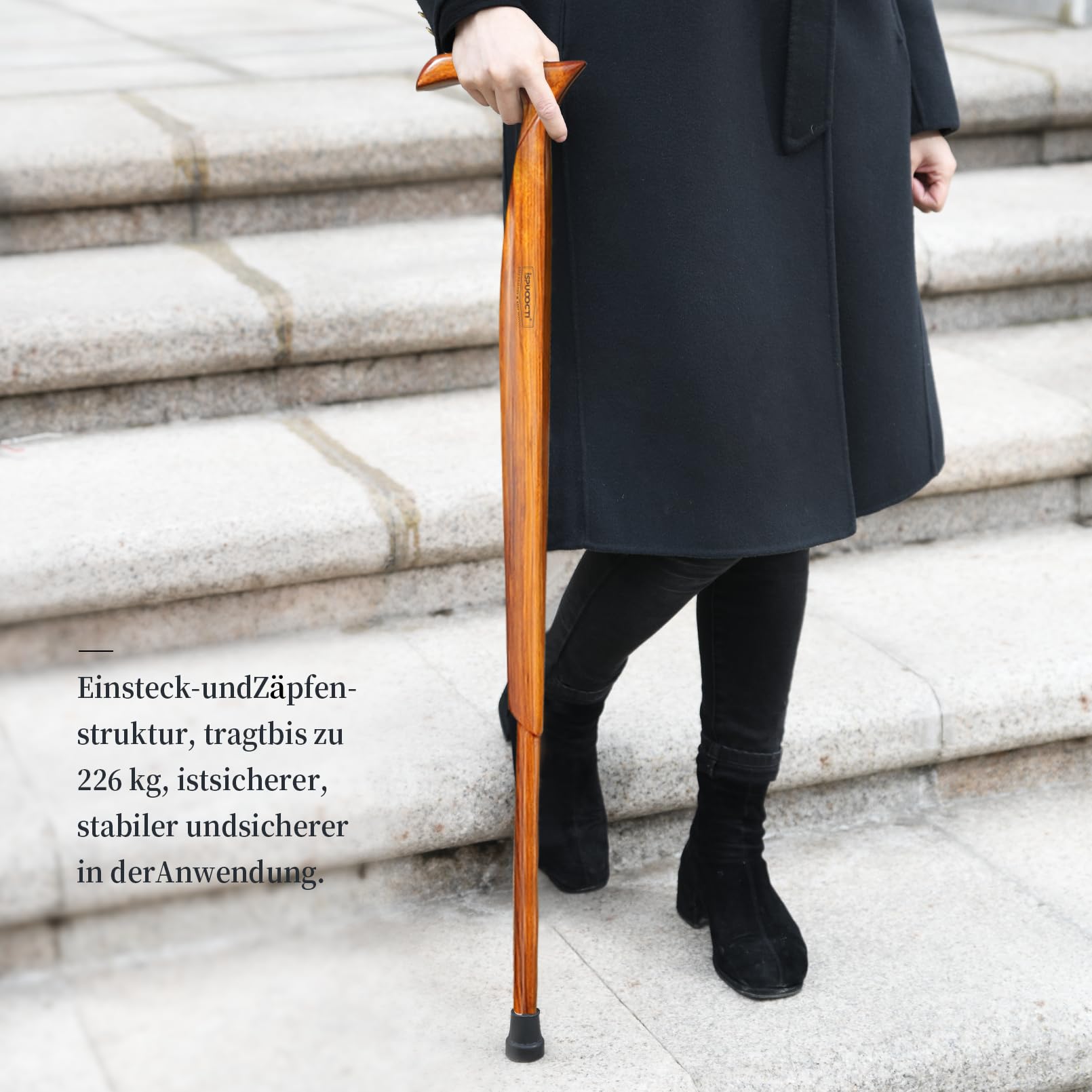 Gehstock aus Holz für Herren und Damen – Natürliches Massivholz, 3Gummifuß, Robust, mit Reisetasche – Ergonomische Gehstöcke für Senioren, Unisex- Spazierstock