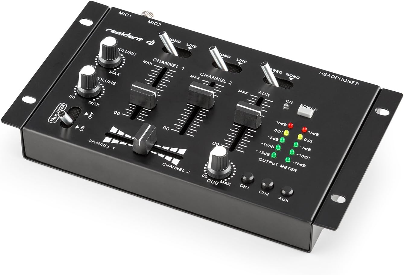 Resident DJ TMX-2211 3/2 Channel Party DJ Mixer - Talkover Microphone, Volume Dial-Adjustable, Simple Controls, Smooth Wear-Resistant Faders, Compact Dimensions, Sturdy Metal Chassis, Black