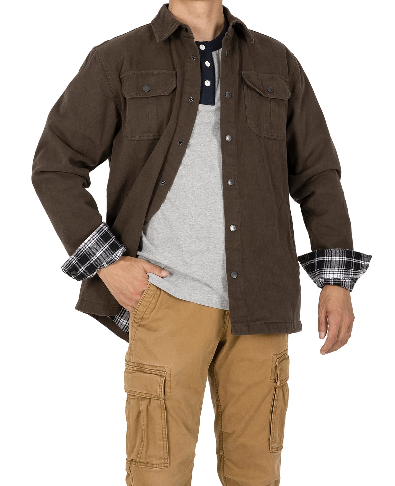 ZENTHACE Men's Full Flannel Lined Shirt Jacket, Heavy Washed Rugged Cotton