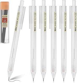 Bewudy 6PCS Mechanical Pencils with 60 PCS HB Lead Refill, 0.5mm Transparent Pen Shell Pencils Novelty Retractable Pencil Aesthetic Artist Pencil Drafting Pencil for Drawing Sketching and Writing