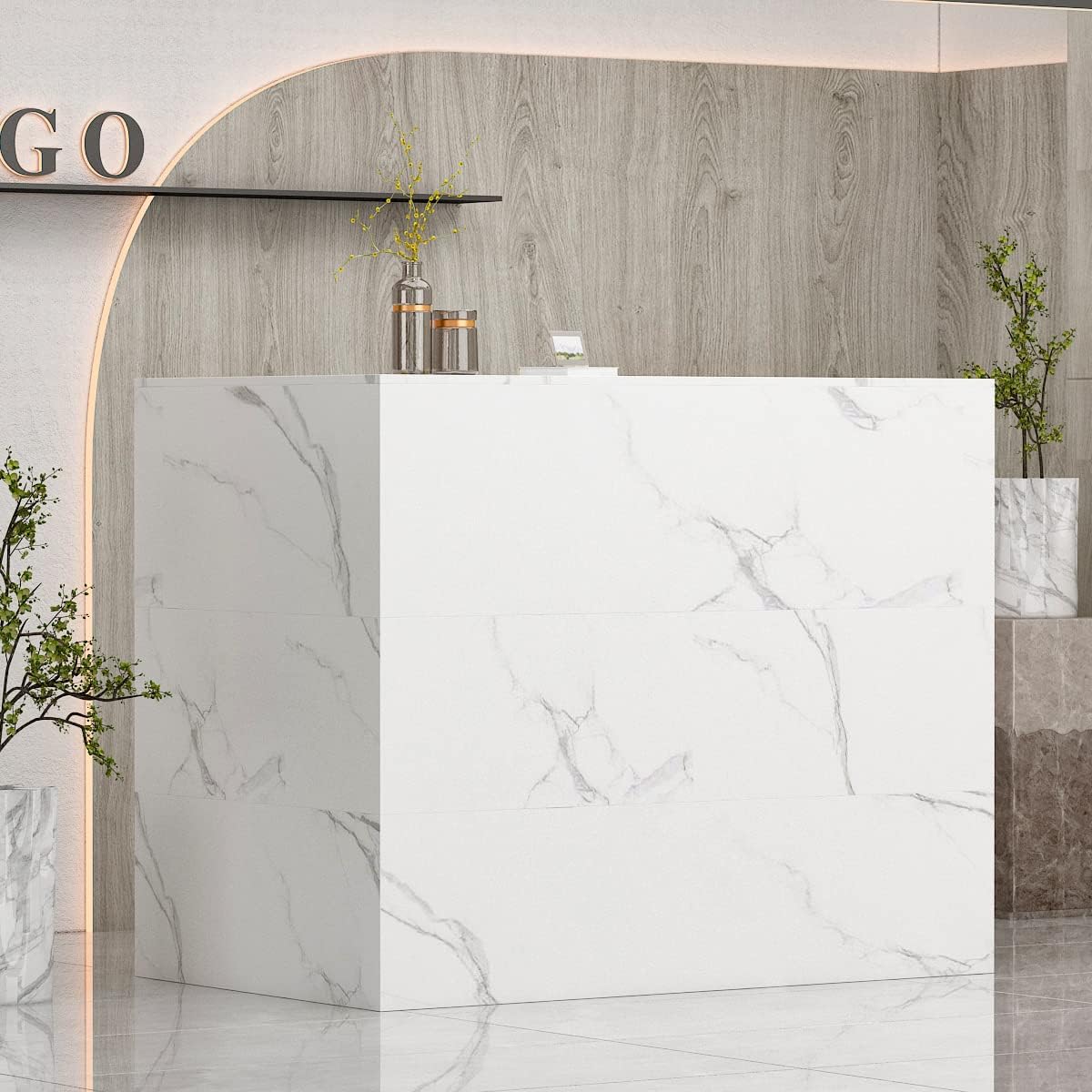 AIEGLE Reception Desk with Counter Drawers & Storage Shelves, L-Shaped Reception Counter Table for Salon Reception Room Checkout Office, White (55.9" L x 32.3" W x 48.4" H) : Office Products