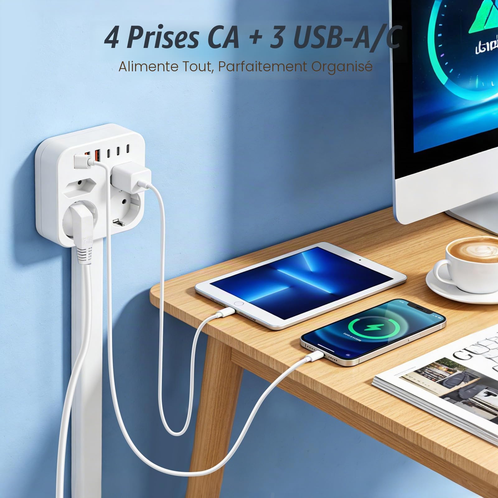 Multiprise extensible rectangulaire - Rallonge de prise - Barre extensible (47-67 cm) - 4 prises - Charge rapide USB-A & USB-C - Pour la maison et le bureau