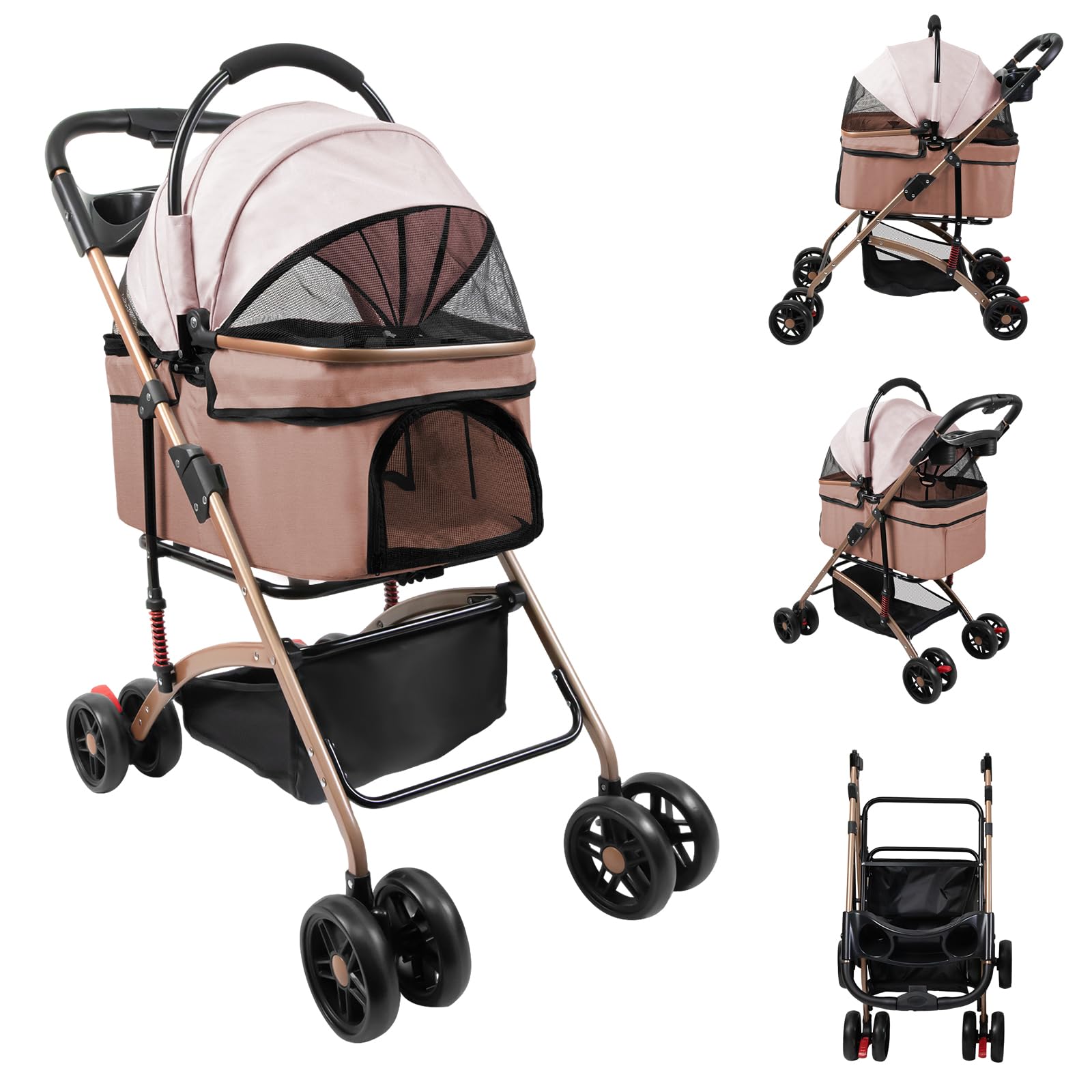 Wózek dla psa, składany, do 15 kg, zdejmowany kosz i składany 1-ręcznie, zawieszenie i pas bezpieczeństwa, na spacery i samochód, 96 x 70 x 48 cm, khaki