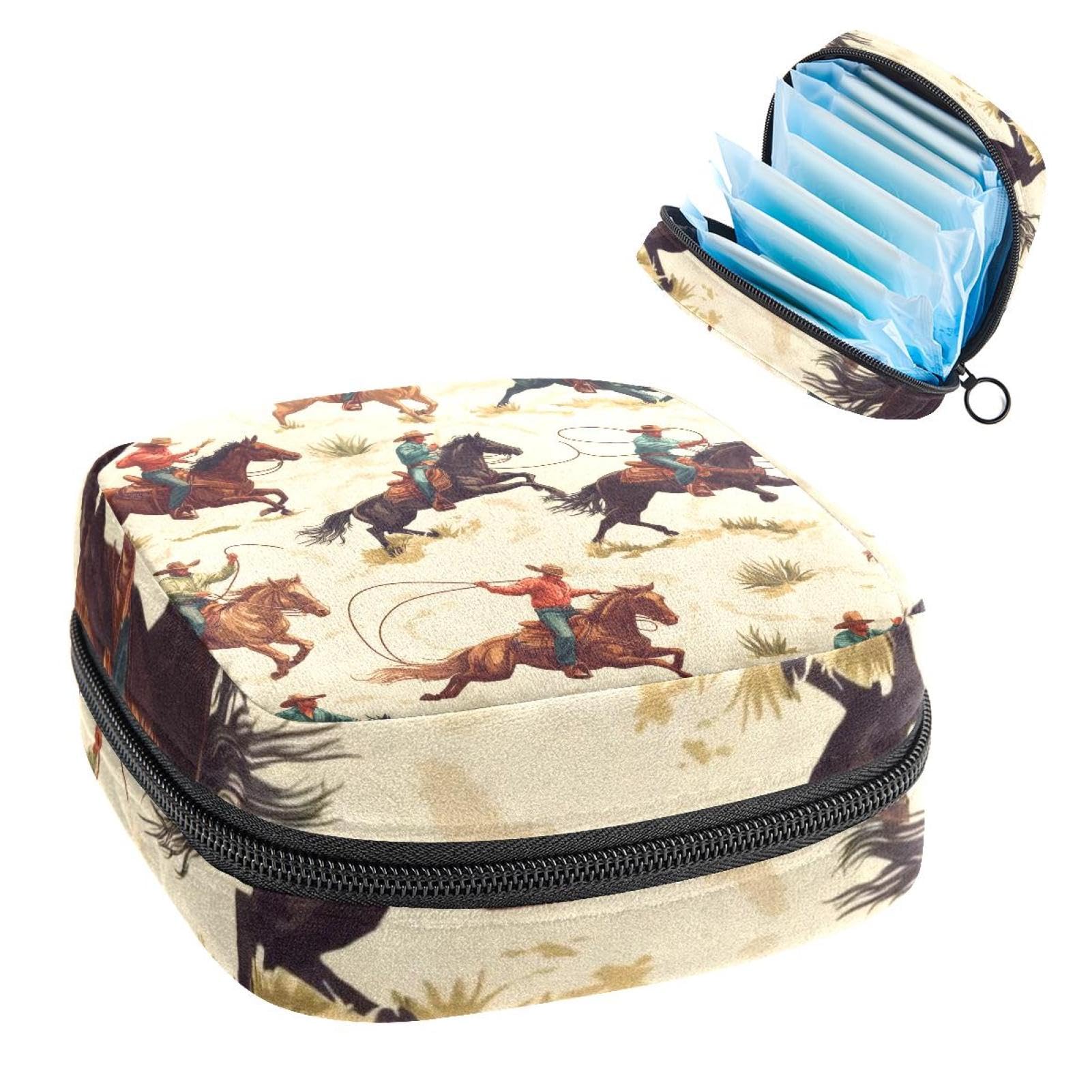 Sanitary Napkin Storage Bag for Women Cute, Feminine Menstruation Pad Holder for Period, Portable Zipper Menstrual Pad Bags Wild Western Vintage Cowboys Desert Horses
