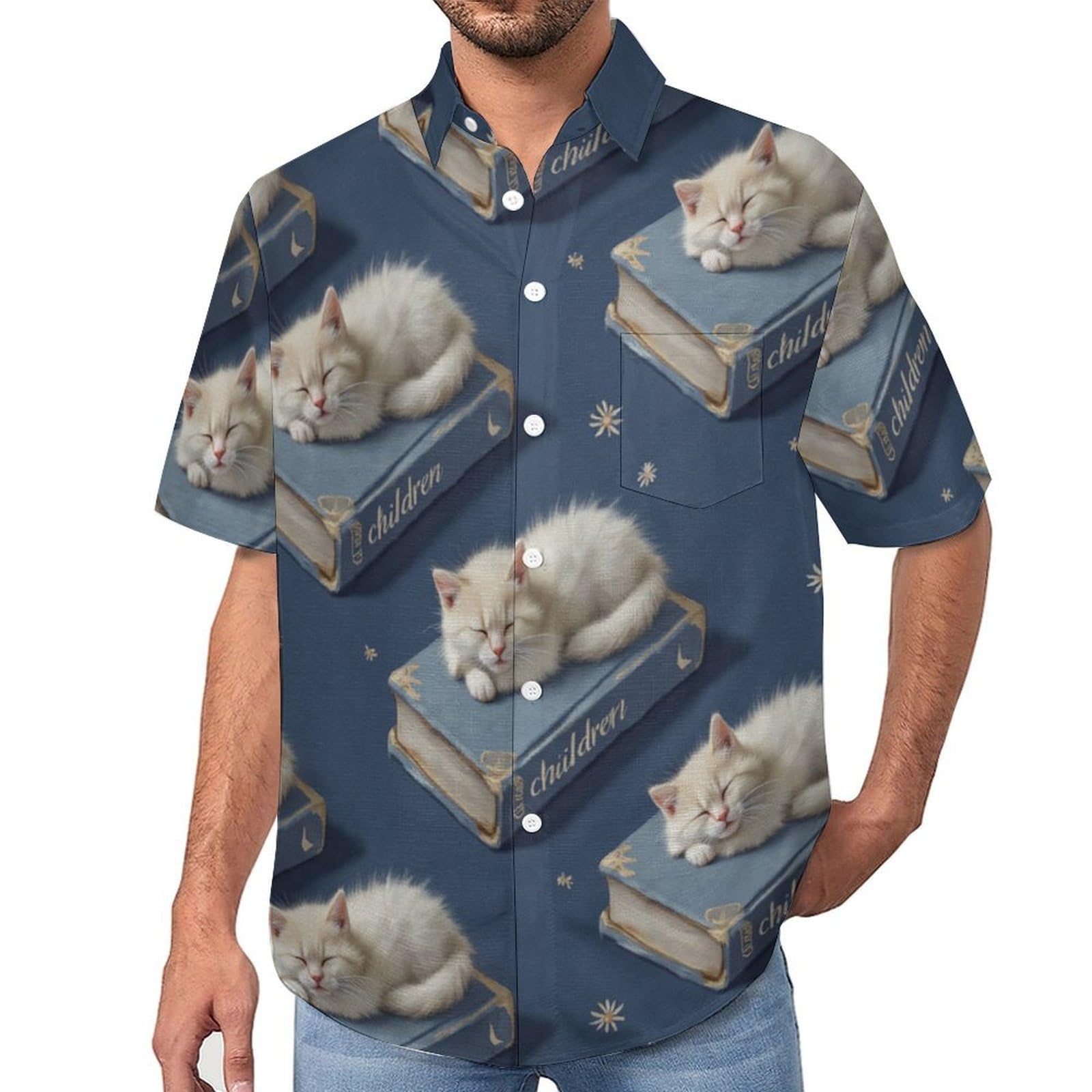 Camicia Casual da Uomo, Libri Gatti Stampa Maglietta Estiva a Maniche Corte Stile Animali Arte Casual Button Down Hawaiani Camicie Risvolto Spiaggia Top