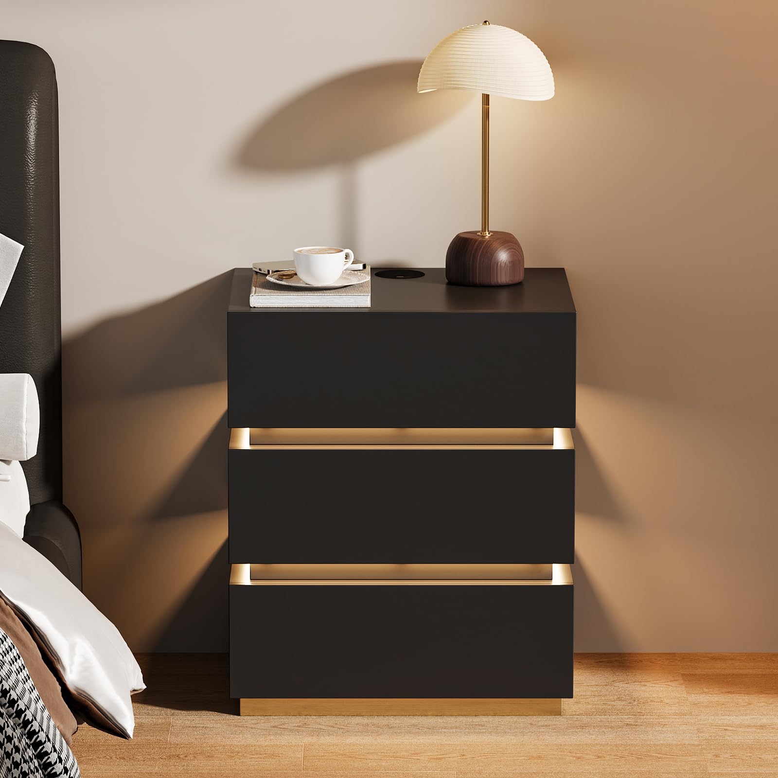 Homary LED Smart Nachttisch mit kabelloser Ladestation, Nachttisch mit Schubladen & USB-Anschlüssen, Modernes Nachtkästchen mit LED-Beleuchtung für Schlafzimmer (Led Schwarz 3 Schubladen)