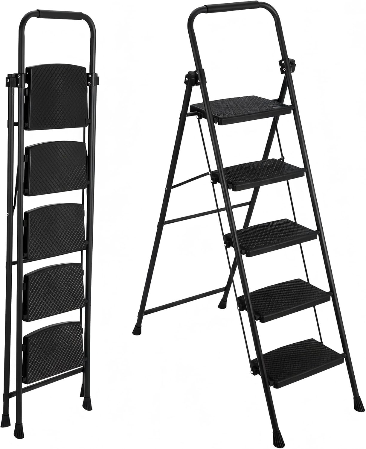 5-Step Folding Ladder, Steel Step Stool with Wide Anti-Slip Steps, Heavy Duty Versatile Use for Home, Kitchen, Garage & Office Storage
