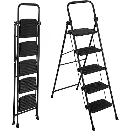 5-Step Folding Ladder, Steel Step Stool with Wide Anti-Slip Steps, Heavy Duty Versatile Use for Home, Kitchen, Garage & Office Storage