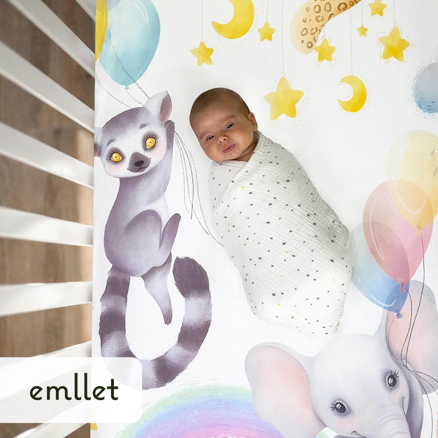 100% Cotton Fitted Crib Sheet, Rainbow Safari Animals Design, Sleepy Jaguar Elephant Lemur Pattern, Fits Standard 52 x 28 in Crib Mattress