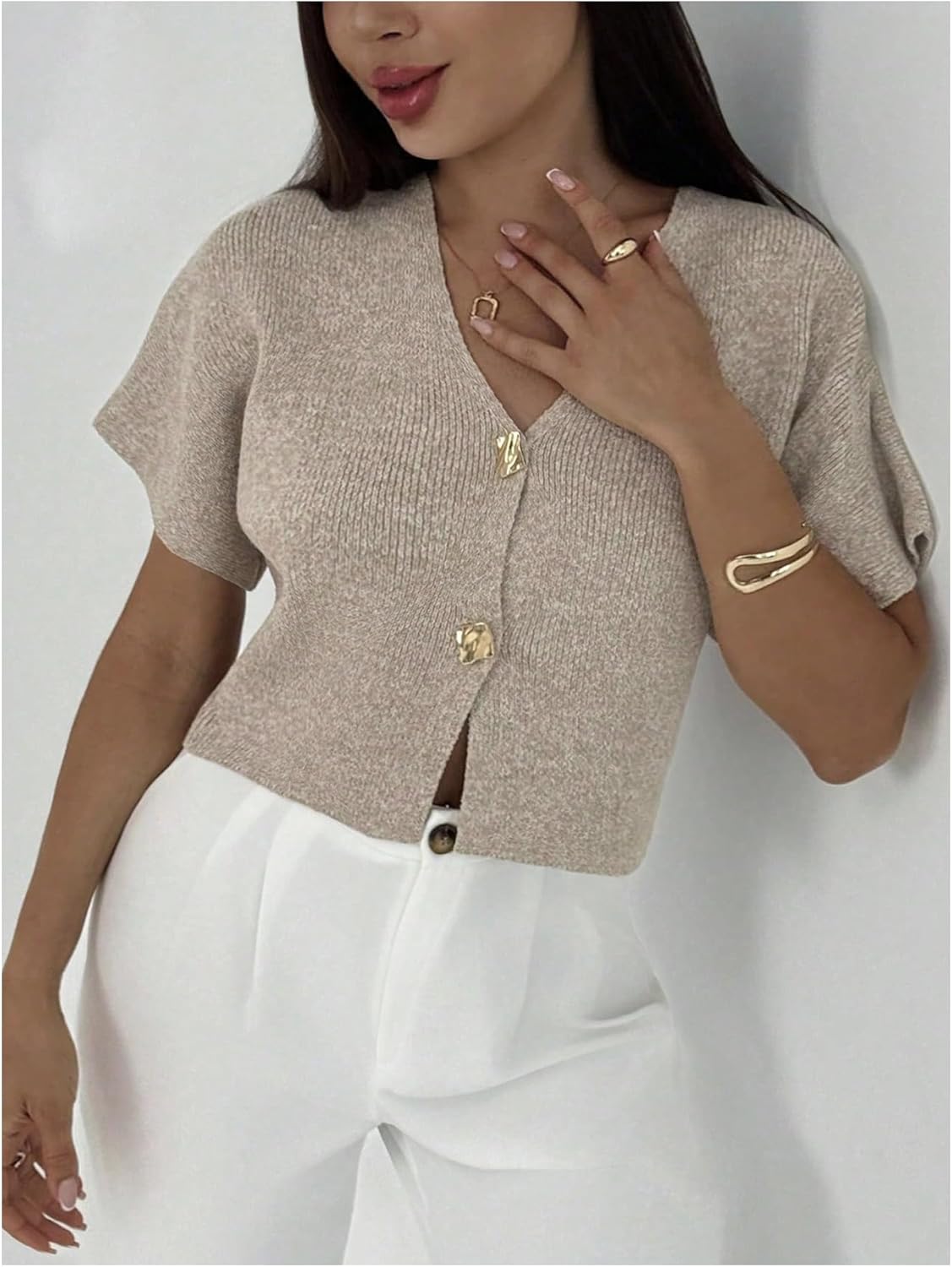 SOLY HUX Women's Plus Size Cardigan Sweaters Short Sleeve V Neck Button Down Knit Going Out Tops - Image 4