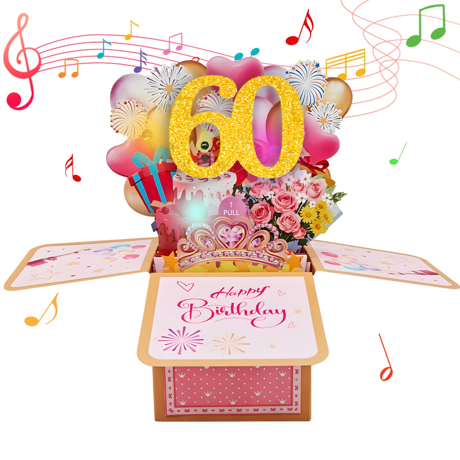 60th 3D Birthday Card with Music, Lights & Blow-Out Candles, Pop Up Happy Birthday Card, 3D Greeting Cards for Girls, Female and Adult, Keepsake Gift for Her