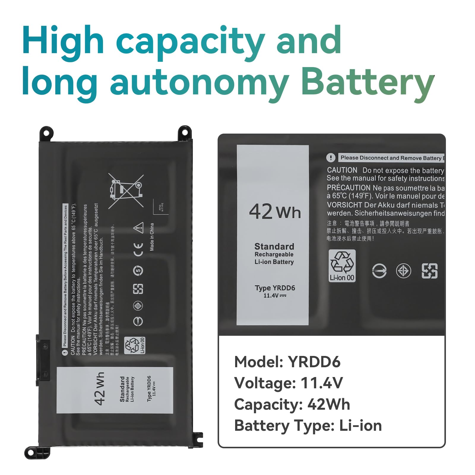 K KYUER 42Wh YRDD6 Batteria per Dell Inspiron 3480 3481 3482 3490 3493 3590 3593 3595 3580 3581 3582 3583 3584 3585 3780 3781 3782 3785 3790 3793 5481 5485 5488 5491 5493 5590 5591 5593 5594 5598