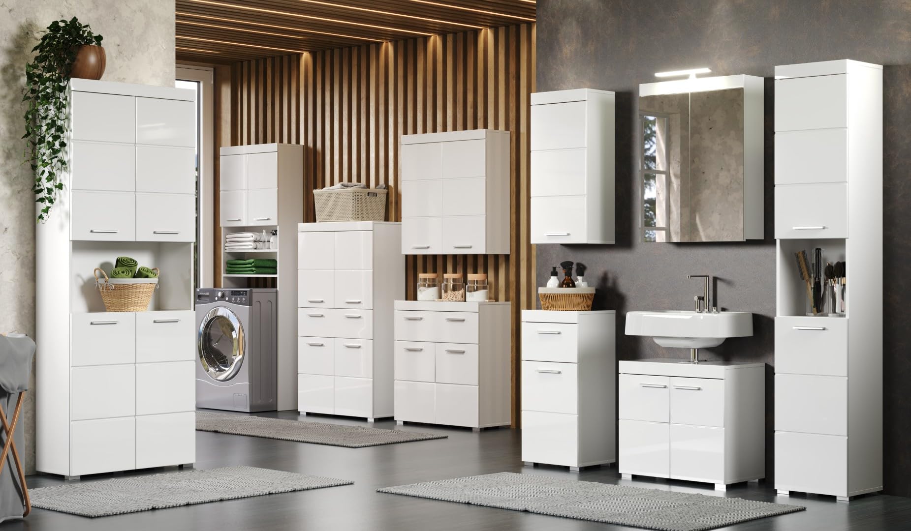 trendteam smart living - Amanda - Badezimmer Komplettset (WBU + Spiegelschrank + Standschrank + Hochschrank + Hängeschrank) - Weiß/Weiß Hochglanz - (BxHxT) 163 x 190 x 34 cm - Kratzfest
