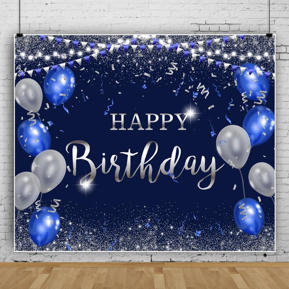 Blue Birthday Backdrop 10x8ft Blue and Silver Balloons Glitter Happy Birthday Photography Background for Men Boys 30th 40th 50th 55th 60th Birthday